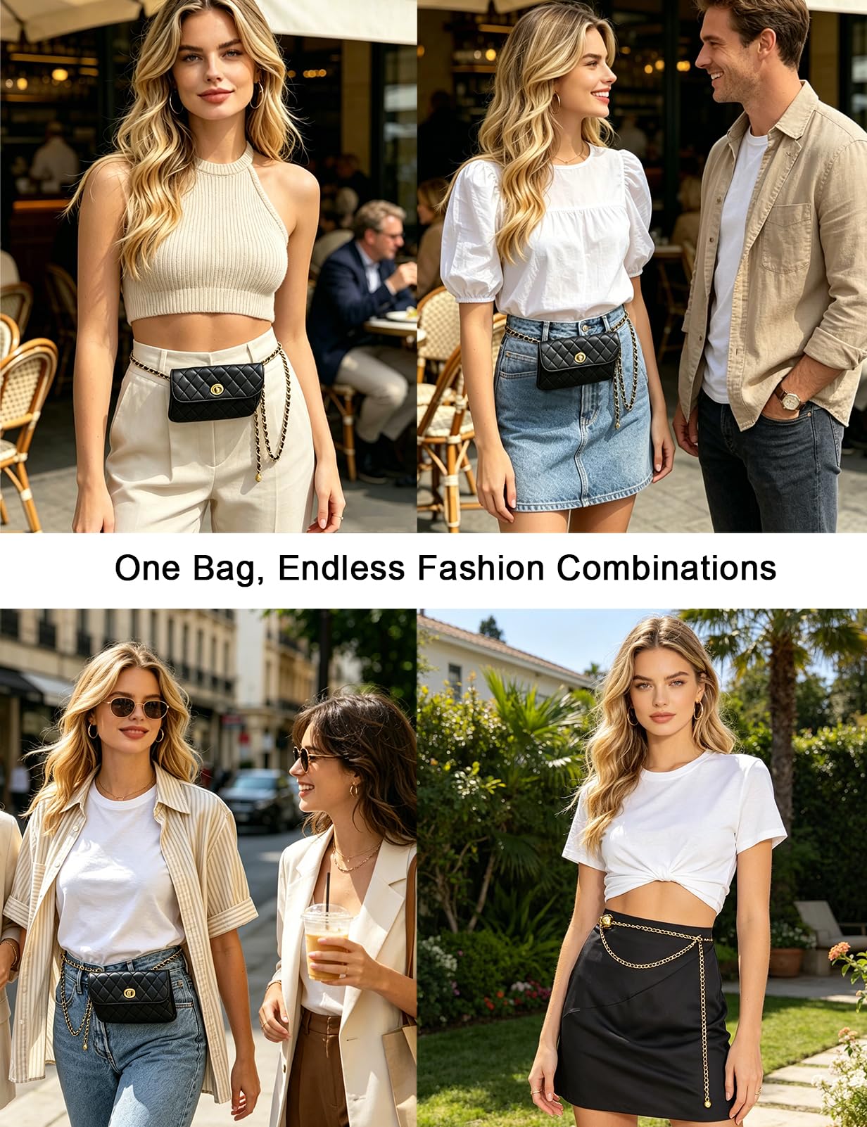 BEMYLV Skórzany łańcuszek na pasek torba dla kobiet kopertówka crossbody torebka nerka moda złote grube metalowe łańcuszki dla kobiet sukienki wieczorowe mini torebka odpinana, Mały czarny, big purse