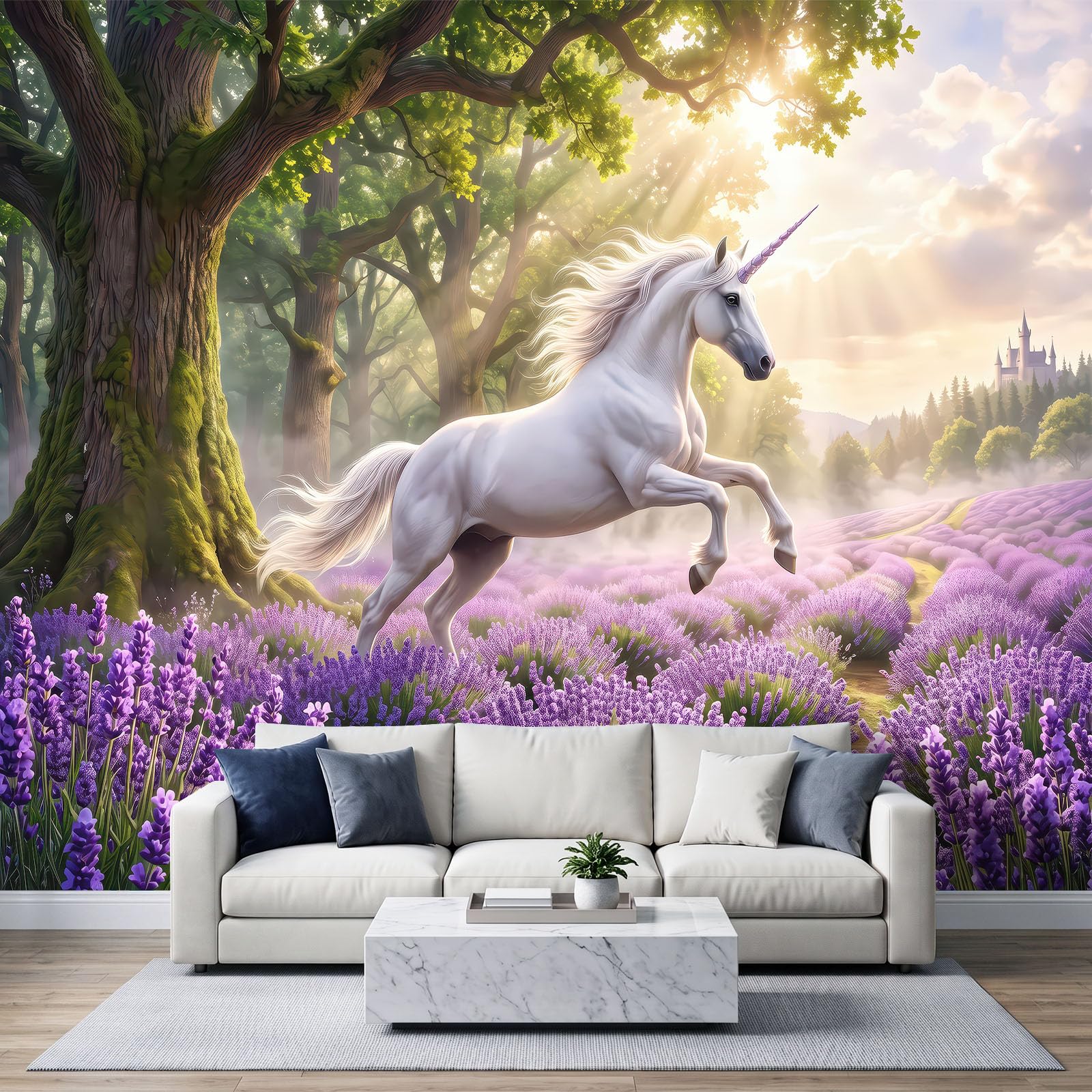 Carta da parati fotografica 500 x 280 cm, motivo animali romantici, unicorno, lavanda, 3D, in tessuto non tessuto, decorazione da parete, per soggiorno, camera da letto, poster artistico, carta da