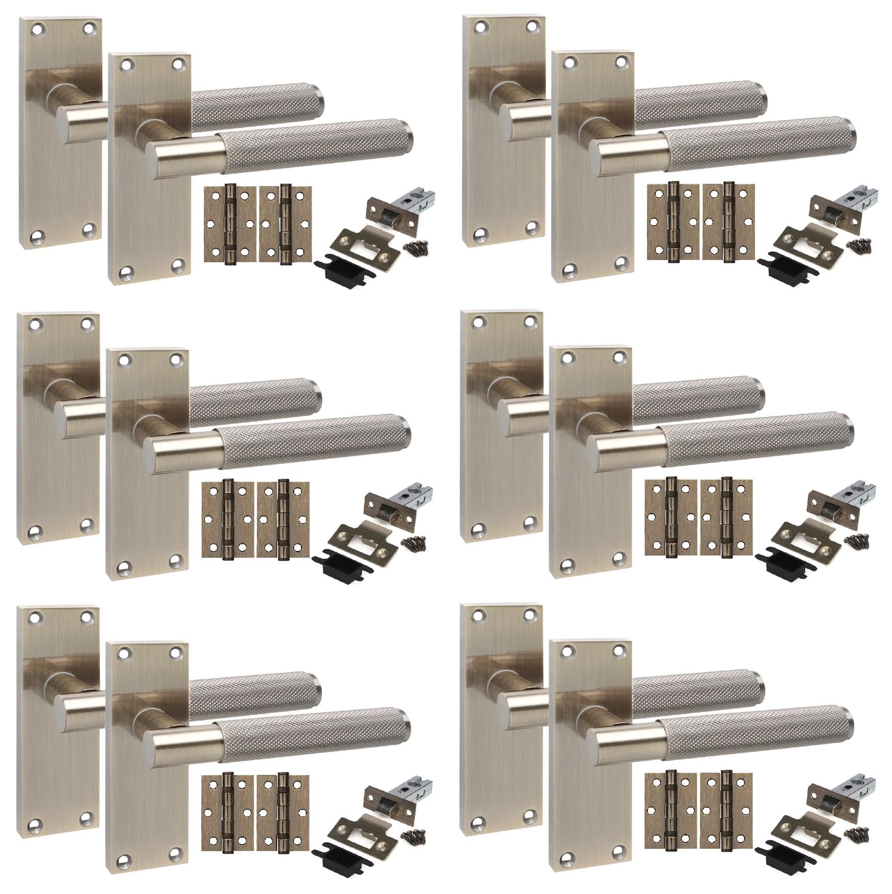 Golden Grace Antique Brass 6 Pair Victorian T-Bar Knurled Internal Door Handle Sets 120 X 40Mm With 2.5" Latch & Hinges