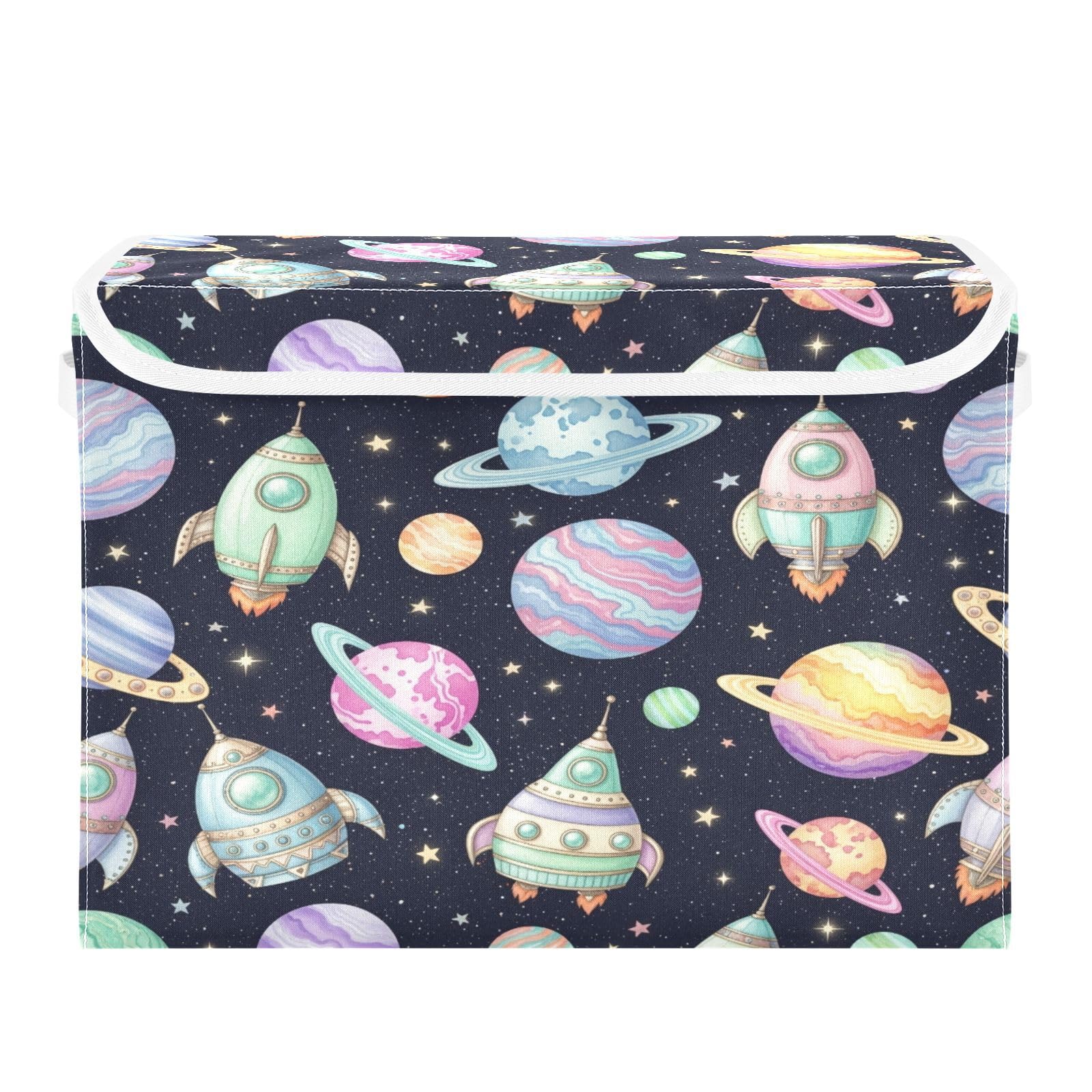 Ewusp Spacecraft Planets Fabric Storage Bin with Lid, Decorative Foldable Storage Basket with Handles, Stackable Closet Shelf Organiser Box for Clothes, Books, Bedroom, Living Room
