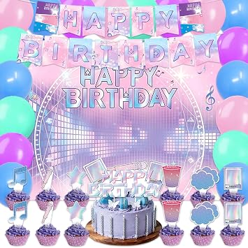 42Pcs Demon Movie Birthday Party Decorations Include Cake Topper Cupcake Toppers Music Singer Happy Birthday Party Pink and Purple Flag Banner and Balloons Backdrog