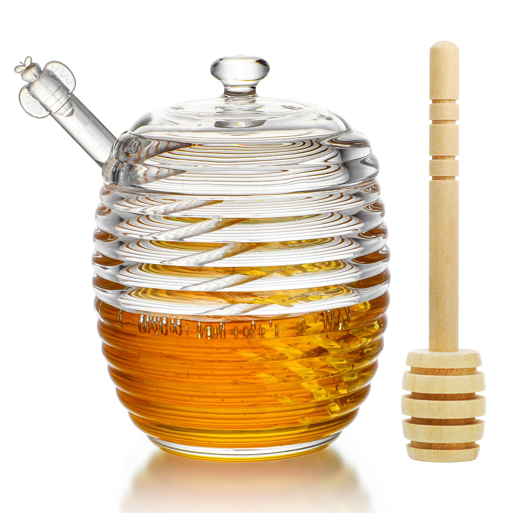 H&D HYALINE & DORA 9oz Glass Honey Dispenser with Dipper, Clear Crystal Pot for Home Kitchen Store Honey and Syrup, Easy to Clean