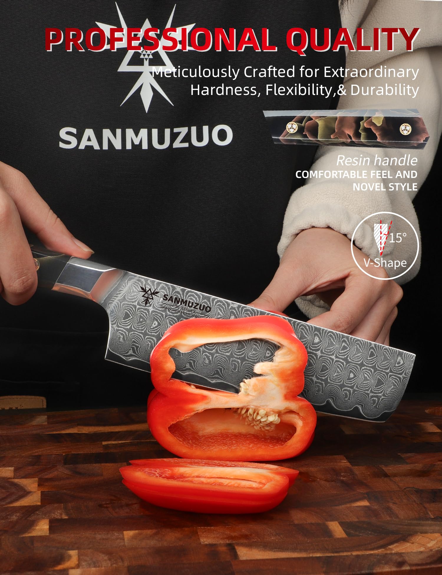 Coltello da cucina Nakiri da 18 CM, coltello da cucina professionale, acciaio in polvere di Damasco ultra affilato con impugnatura in resina a codolo intero, serie Bi