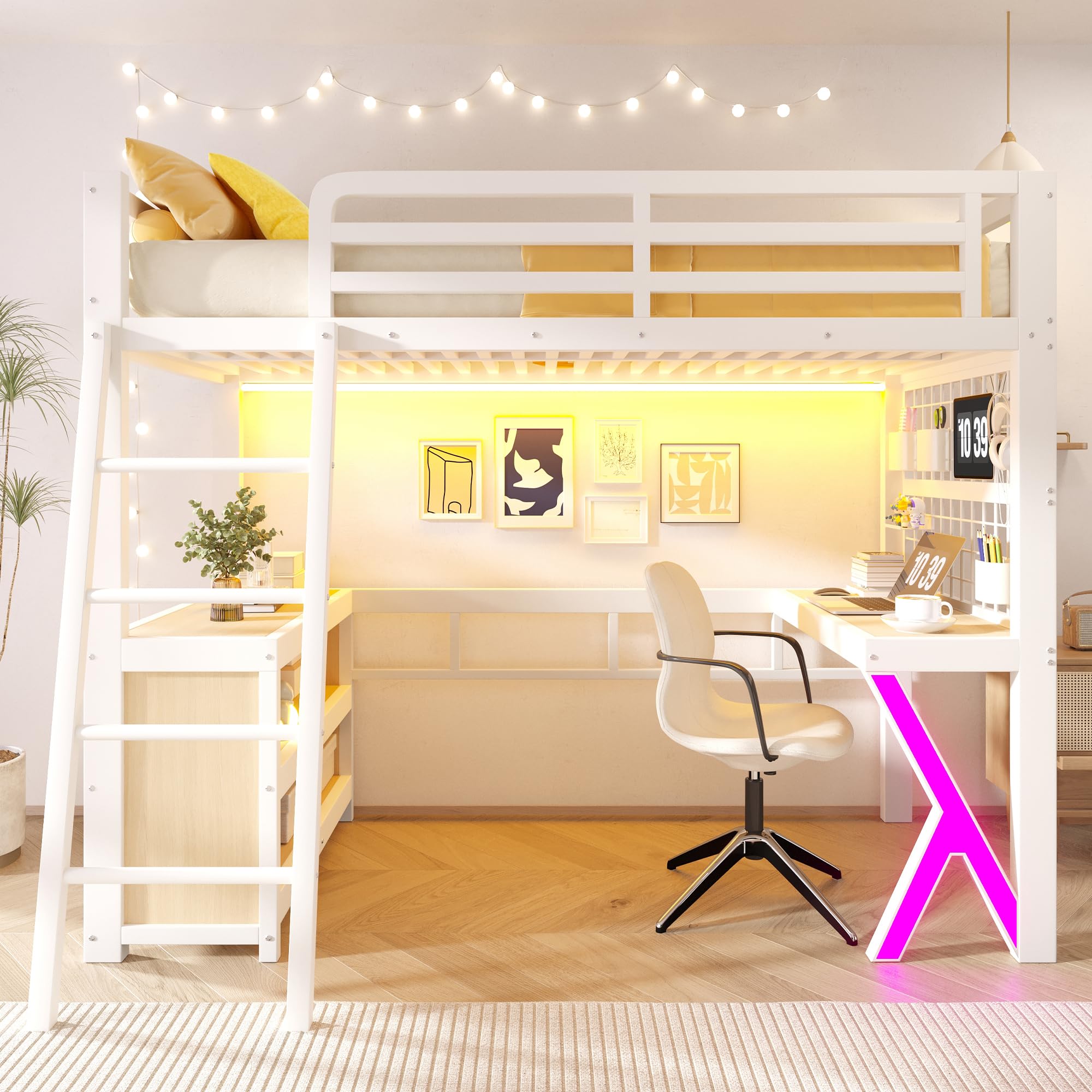 Hochbett Metall 90x200 mit LED,Ablagen,Schreibtisch,Kinderbett Etagenbett