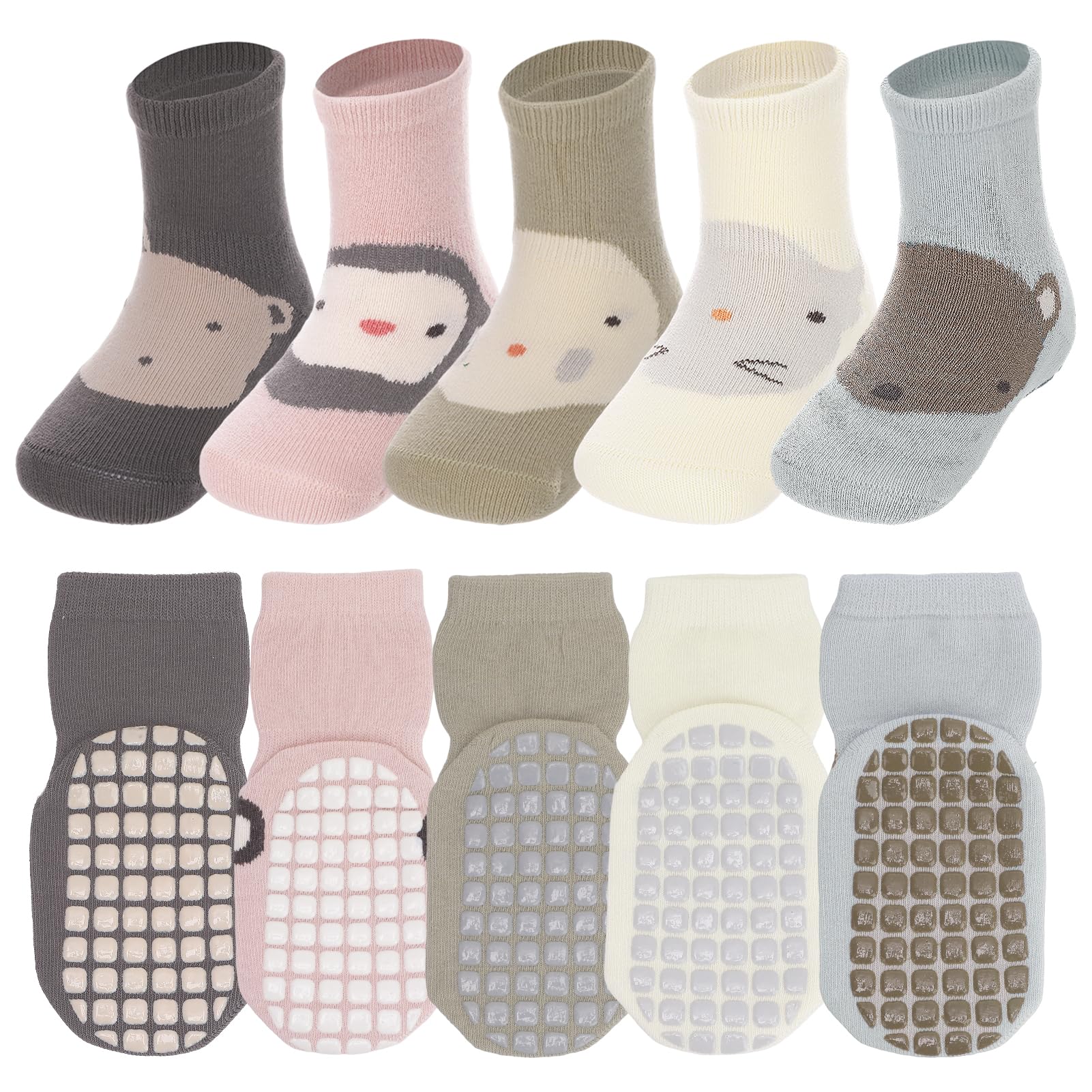 5 Pairs Baby Non Slip Socks with Grips Cotton Crew Baby Sock Toddler Grip Socks for Kids Boys Girls 12-36 Months