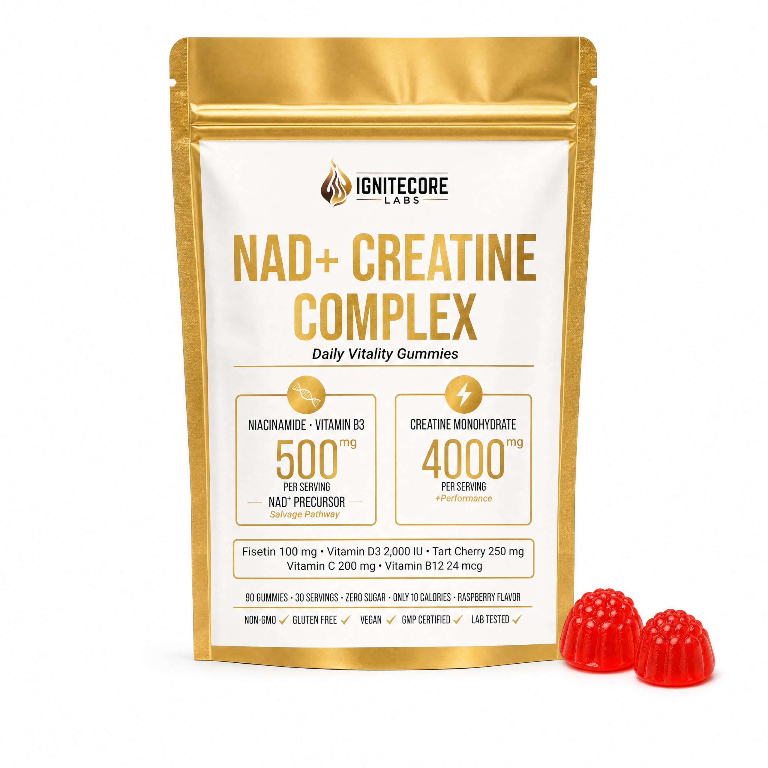 NAD+ Creatine Complex Gummies 4,000mg Creatine Monohydrate + 500mg Niacinamide B3 | Daily Vitality & Energy Support | For Women and Men | Vegan Non-GMO Zero Sugar | Raspberry Flavor | 90 Gummies