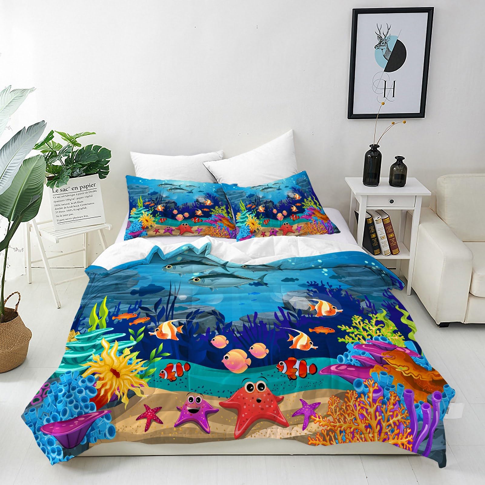 ANHOPE Underwater Duvet Cover Set 3 Piece Bedding Set with 2 Pillowcases Ocean Fish Coral Starfish Print Pattern Soft Breathable Microfibre Quilt Cover with Zipper Closure Double