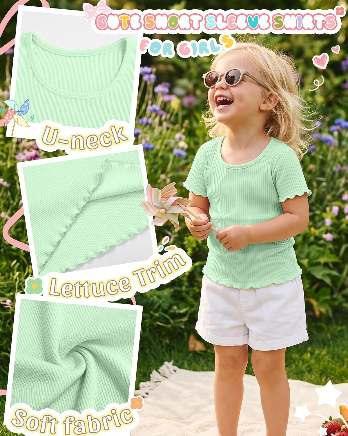 3 Pack Toddler Girls Short Sleeve Shirts Ribbed Knit Cotton Lettuce Trim U Neck Tops Casual Cute Summer Tees Blouses