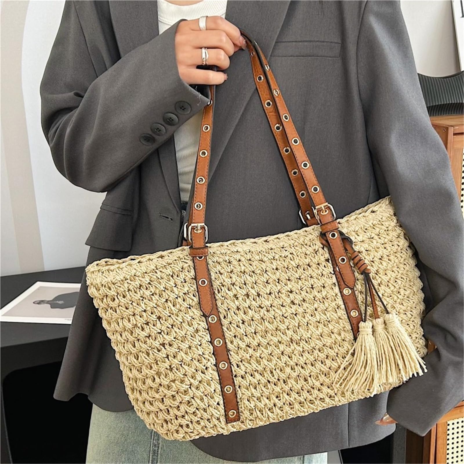 bolso mujer verano Bolsos de mano playa paja for mujer, bolso rafia trenzado for vacaciones, compras hombro Retro