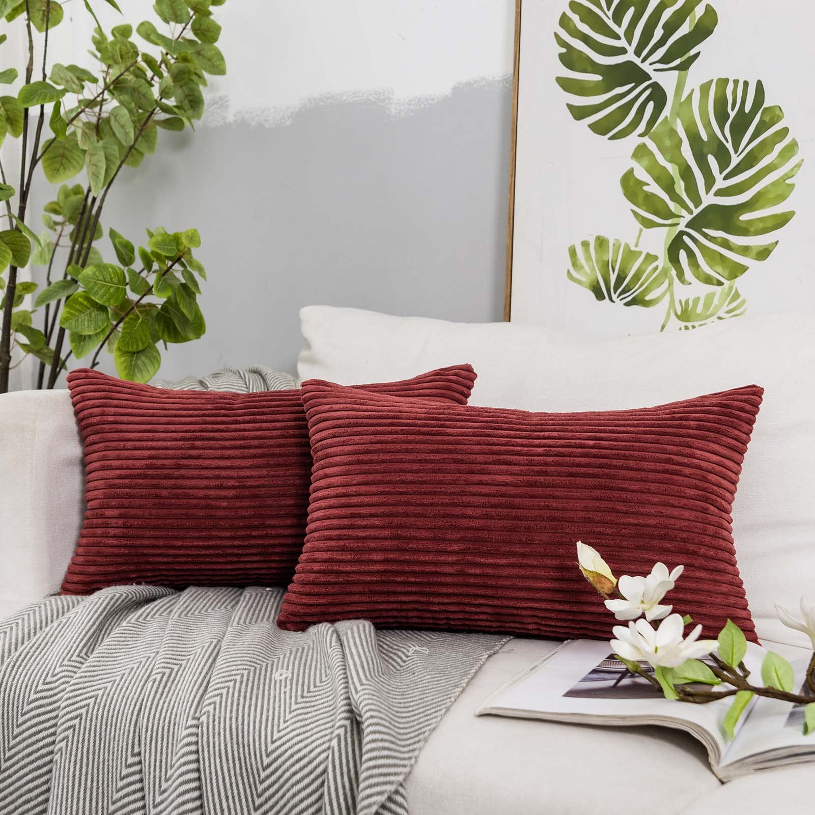JUSPURBET Red Lumbar Corduroy Throw Pillow Covers 12x20 inch Set of 2 for Couch Bed Sofa Living Room Decorative Soft Solid Rectangular Striped Cushion Cases with Invisible Zipper