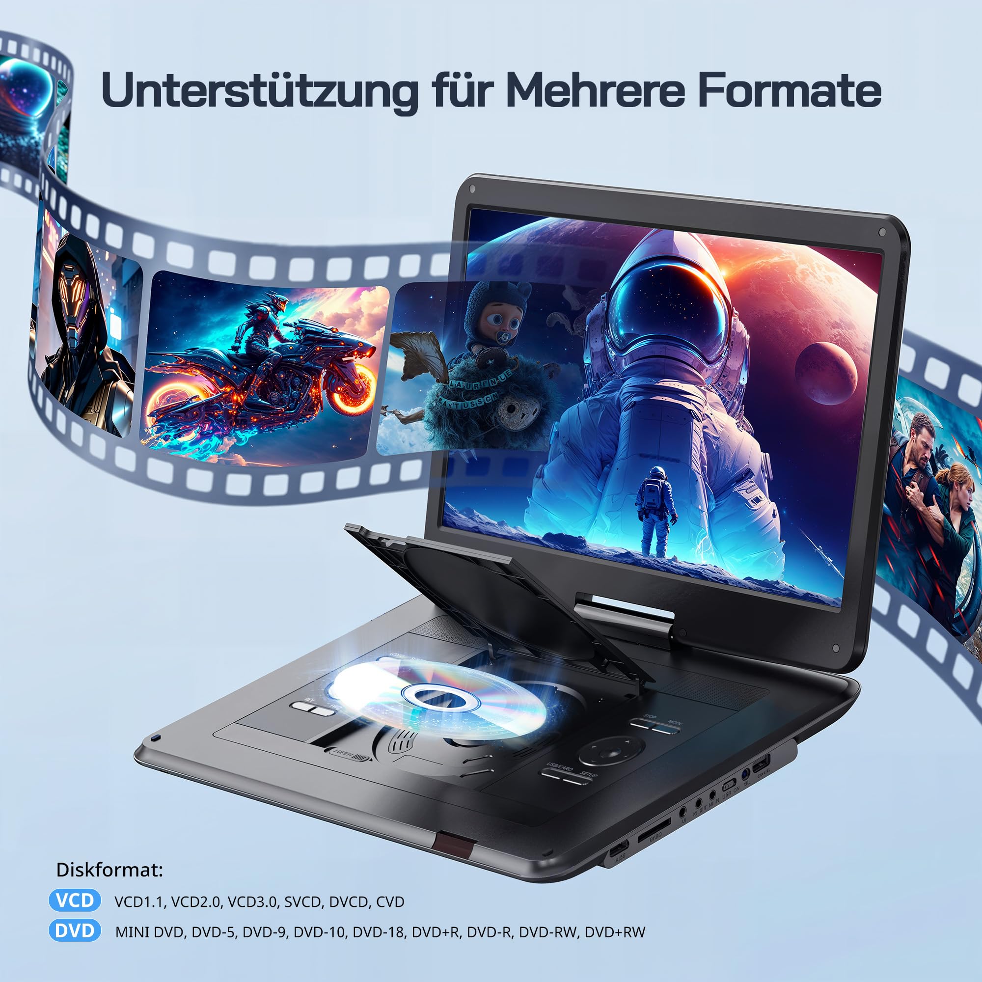 WOLFANG 17,5 Zoll Aufladbarer Tragbarer DVD-Player, 15,6 Zoll HD Bildschirm, 6 Stunden Spielzeit, Sync TV/Beamer, USB/SD Kompatibel, Regionsfrei (Schwarz)