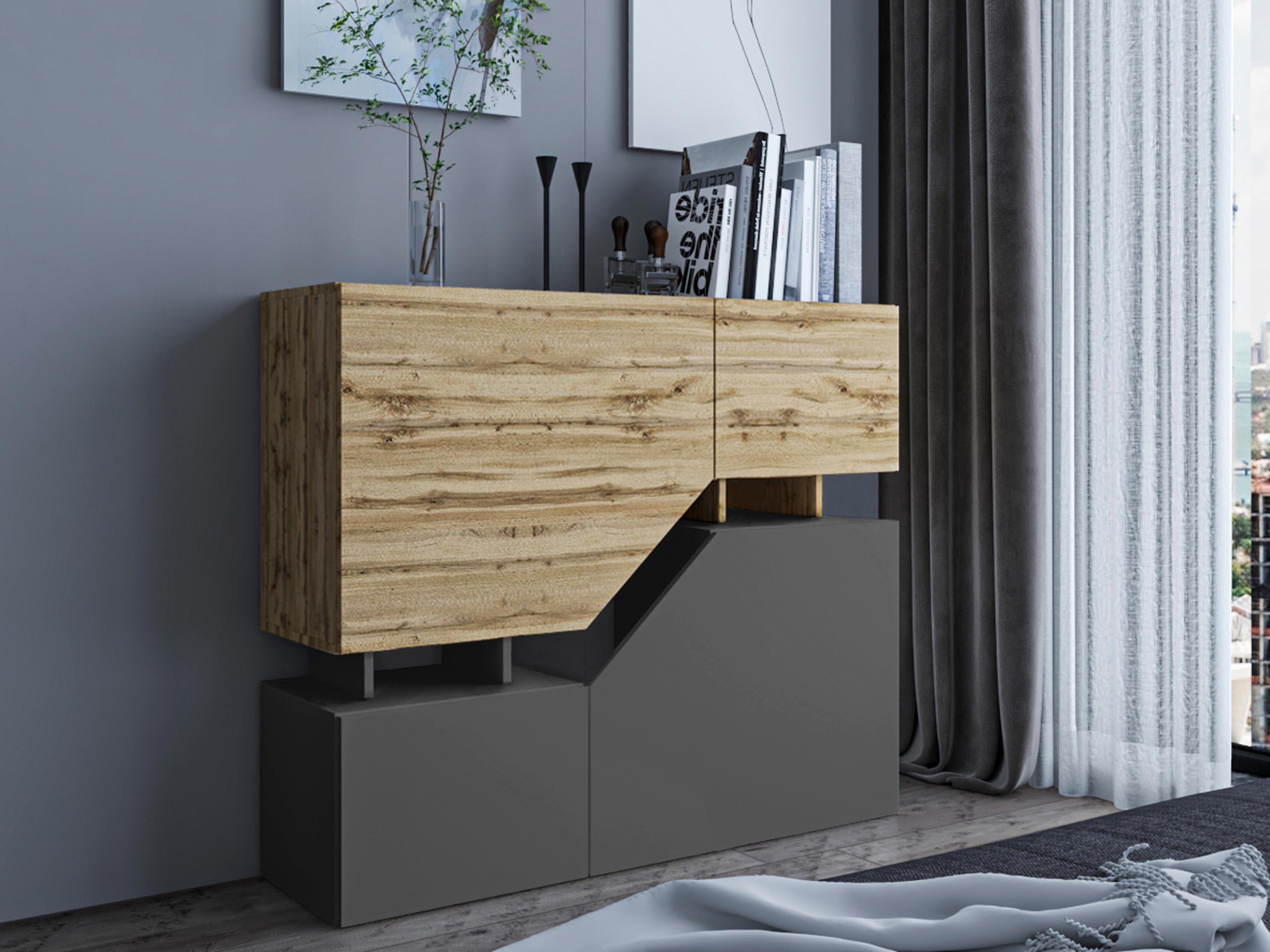 Mirjan24 Kommode Nesezi mit 4 Türen (Wotan/Anthrazit) | Griffloses Highboard mit offenen und geschlossenen Fächern für Bücher, Deko und Zubehör, B/H/T: 120/100/35 cm