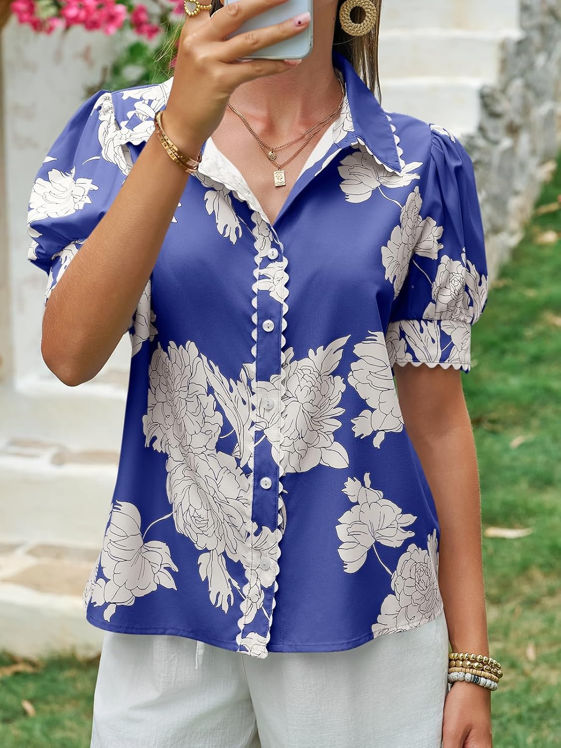 Cicy Bell Womens Puff Sleeve Button Down Shirts Floral Print Summer Casual Tops Boho Loose Fit Collared Blouse - Image 5