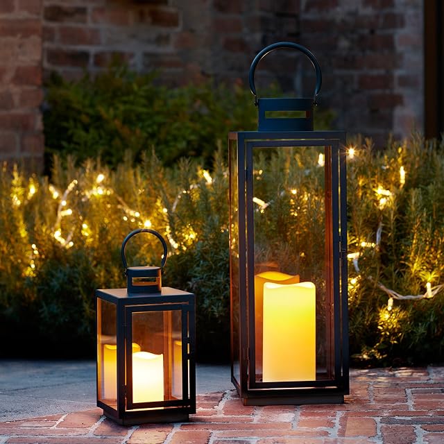 Lights4fun Set of 2 Black Metal Battery Operated Fully Waterproof Outdoor Garden LED Candle Lantern for Indoor Outdoor Use
