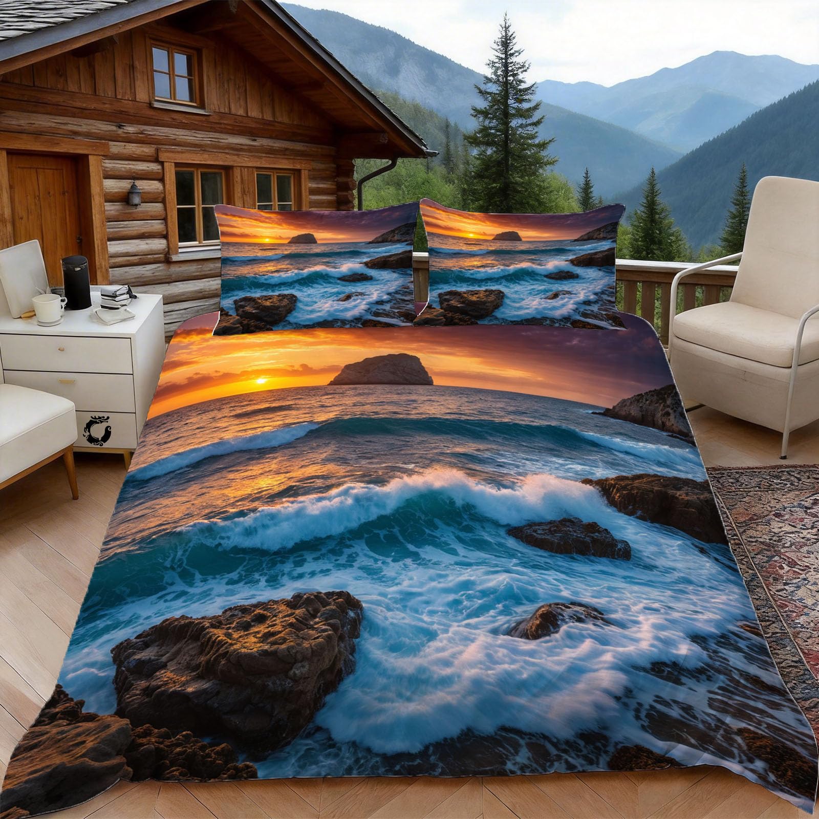 3D Double Duvet Set 3D Printed Sea View Bedding, Waves Soft Microfibre Duvet Cover Sets Quilt Cover and Pillow Set with Zipper 3 Pcs
