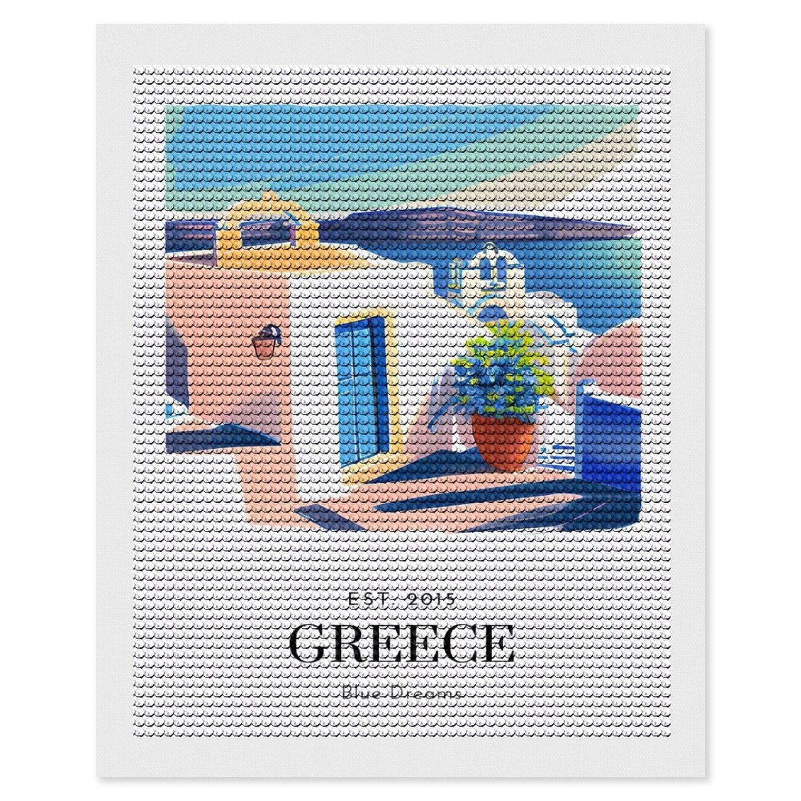 Junmoney Beautiful Greece DIY Diamond Art Canvas Kit 16"x20", Relaxing DIY, Sparkling Crystal Beads, Vintage Style Decor, Holiday Gift Idea
