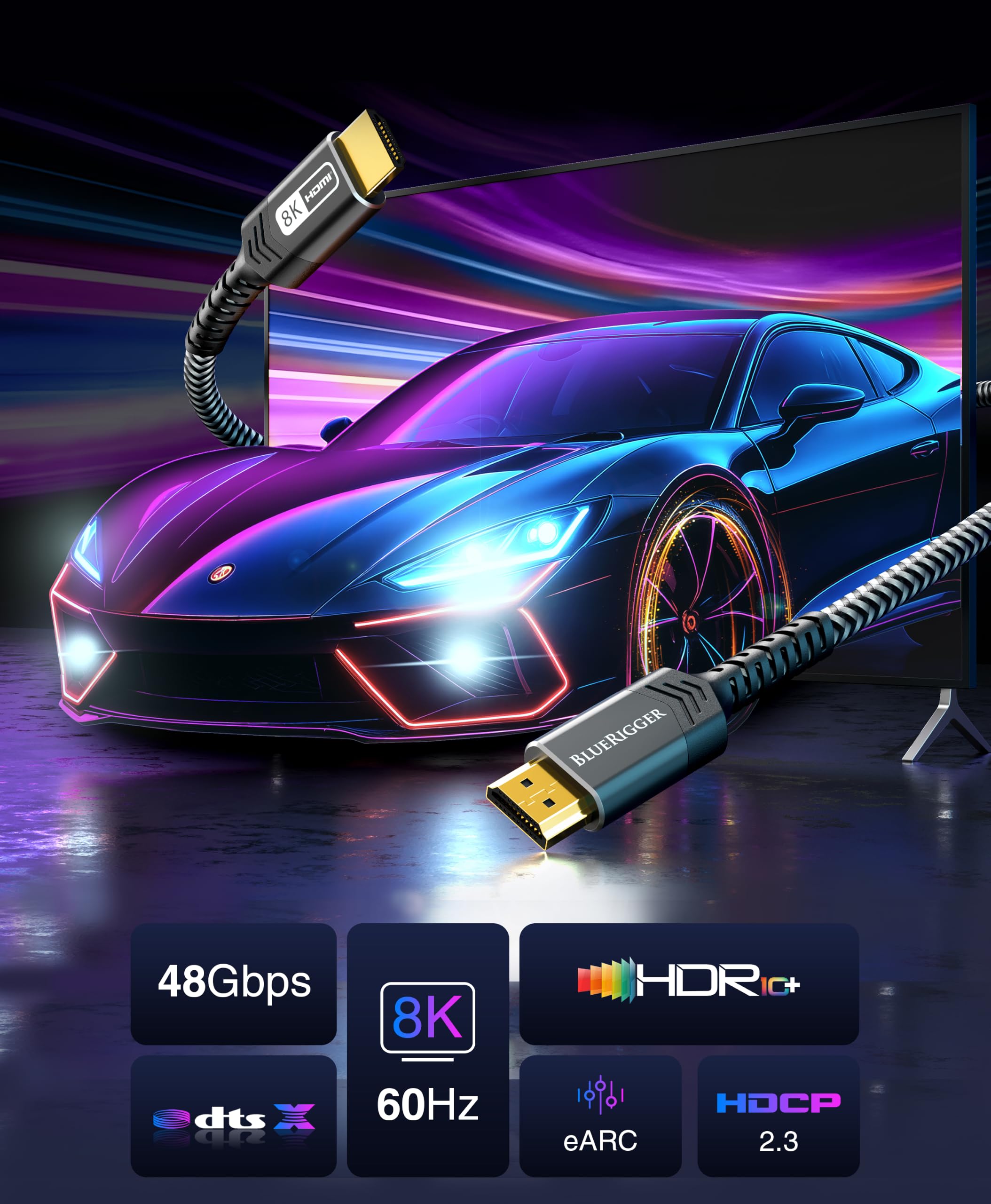 BlueRigger Ultra Series - Cable HDMI a HDMI 8K con velocidad de 48 Gbps, (4,5 metros) soporta 8K a 60Hz, 1080p FullHD, UHD/Ultra HD, 3D, alta velocidad con Ethernet, ARC, PS4, Xbox, HDTV