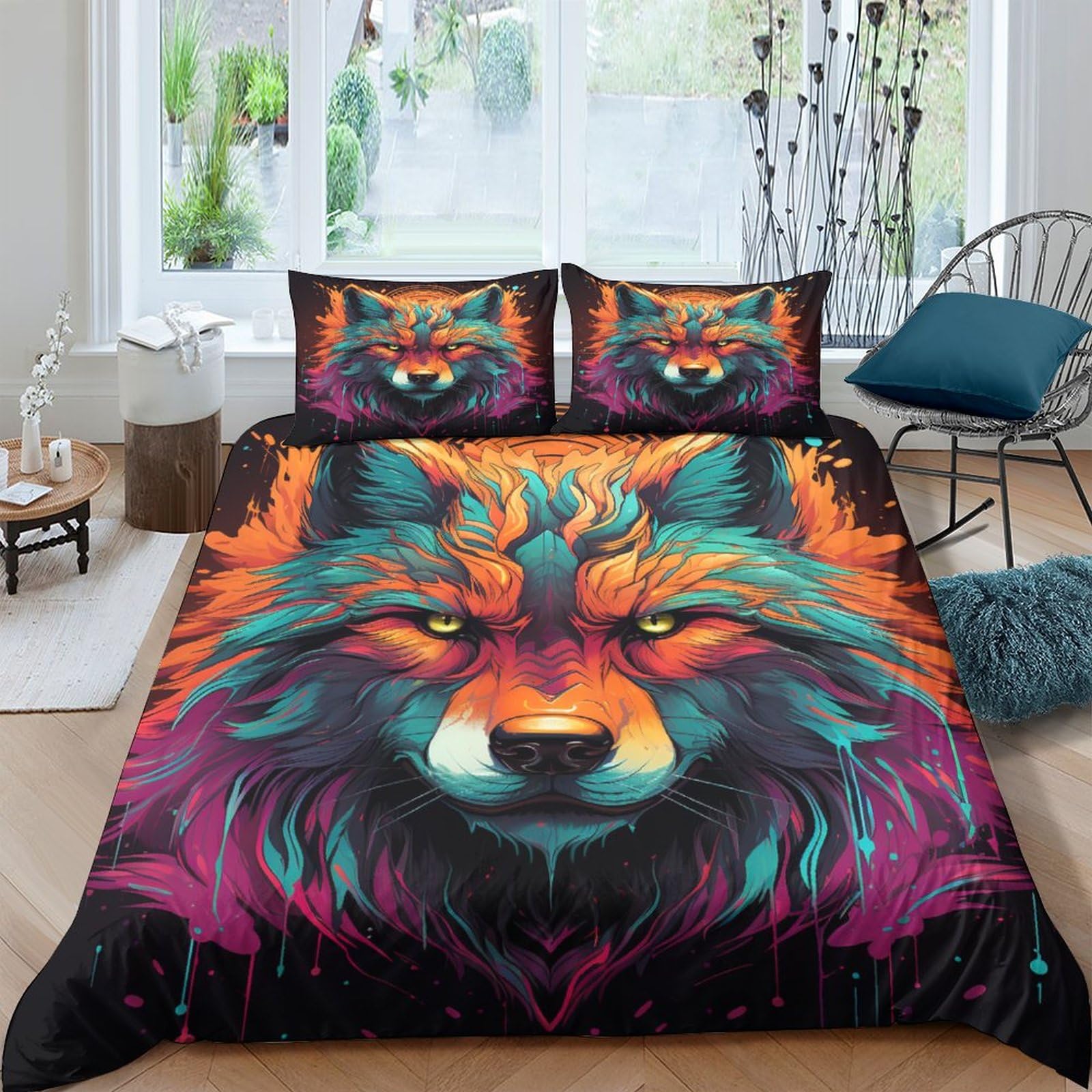 Anime Wolf Quilt Cover Set 3D Printed Bedding Duvet Cover Set with Zipper Closure for Kids Boys Teen Soft Microfiber 3 Piece Set King（220x240cm）