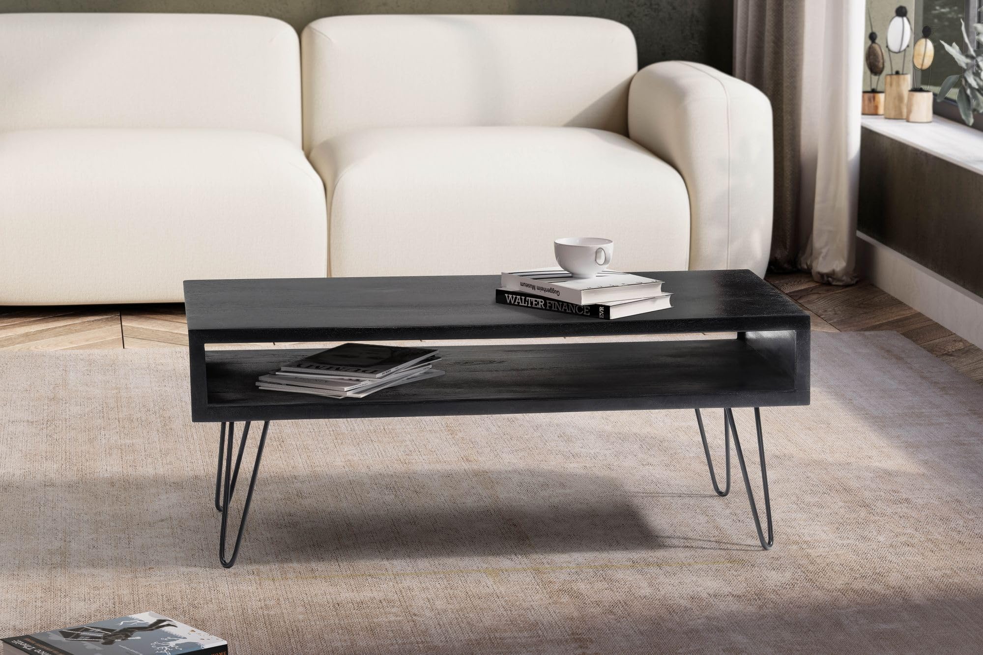 FineBuy Couchtisch 100x50x40 cm Mango Massivholz Schwarz, Hairpin | rechteckiger Wohnzimmertisch mit Ablagefach, Sofatisch aus Echtholz, handgefertigt, jedes Stück ein Unikat