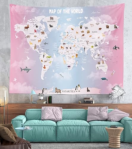 Miniatura 10 de BELECO Tapiz de mapa del mundo infantil para colgar en la pared, diseño de animales de dibujos animados, para dormitorio, sala de estar, dormitorio