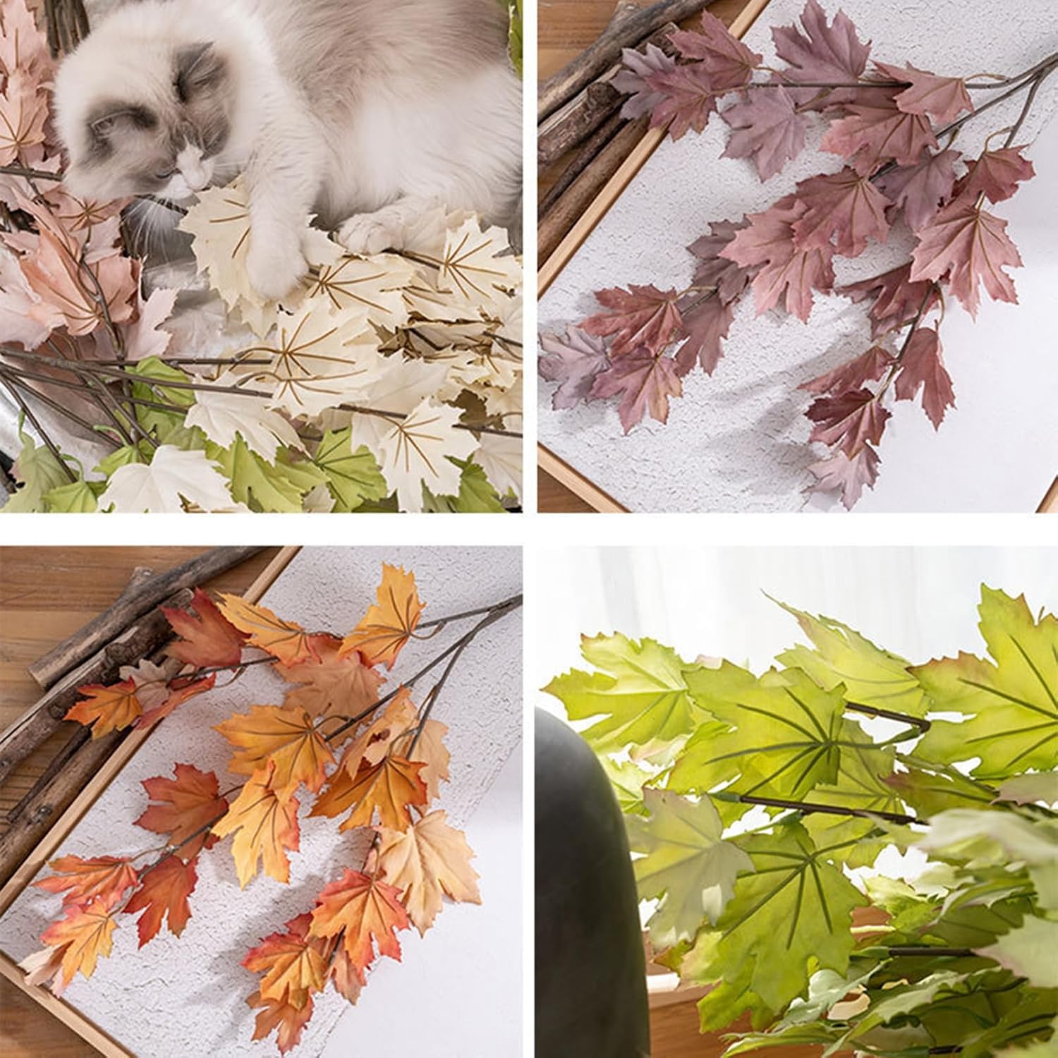 3 PCS Artificial Maple Leaves Branches Stems Faux Maple Leaf for Thanksgiving Decorations Lifelike Fall Leaf for Room Decor Simulation Plant Realistic Maple Leaf for Home Decor Green