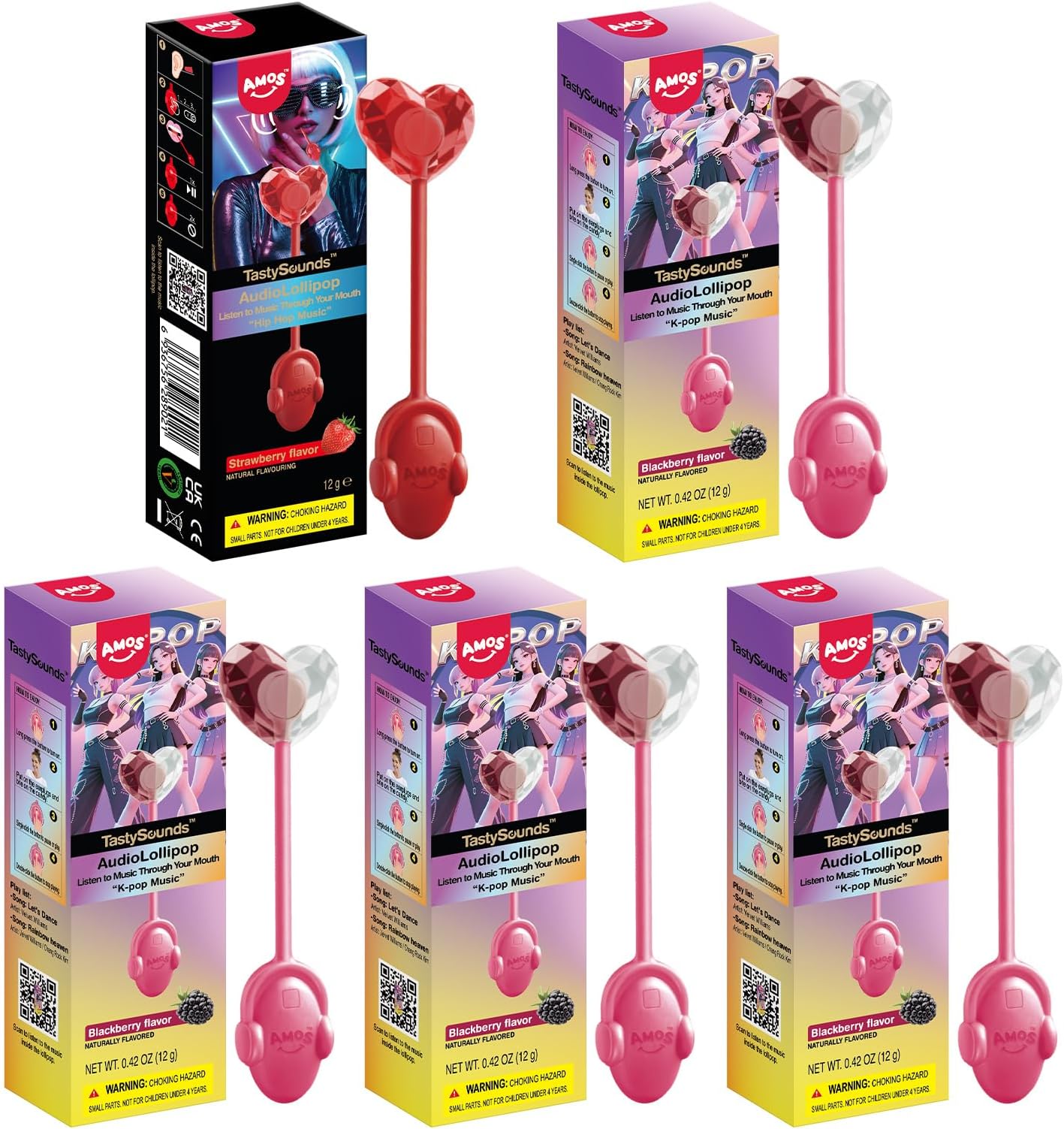 TastySounds Audio Music Lollipop Candy – Singing Music Lollipop Suckers, Sugar-Free, 4-Pack Variety (Strawberry, Blueberry, Cola, Watermelon), Individually Wrapped