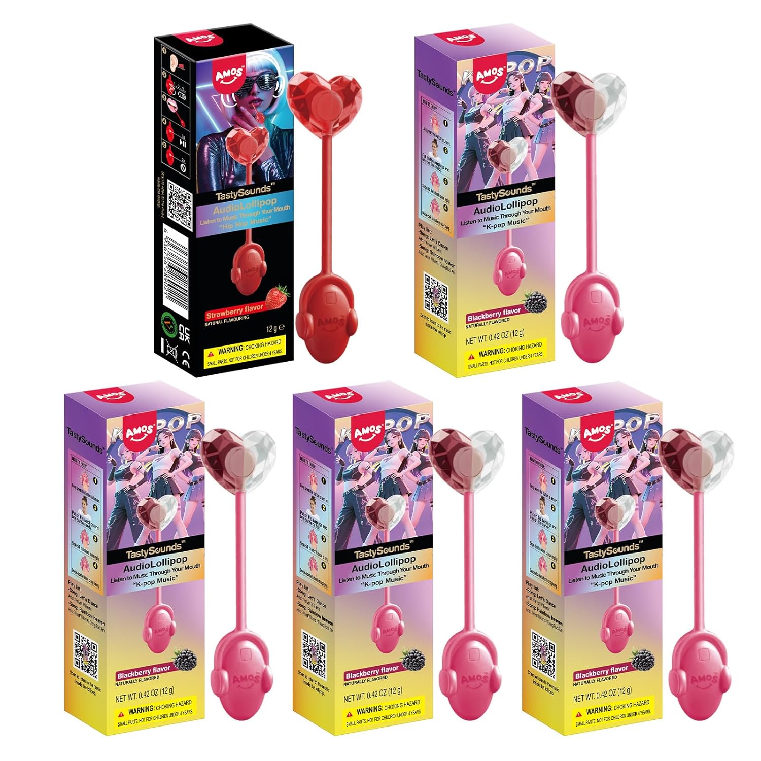 Amos TastySounds Audio Music Lollipop Candy – Singing Music Lollipop Suckers, Sugar-Free, 5-Pack Variety (1x Strawberry, 4x Blacberry), Individually Wrapped