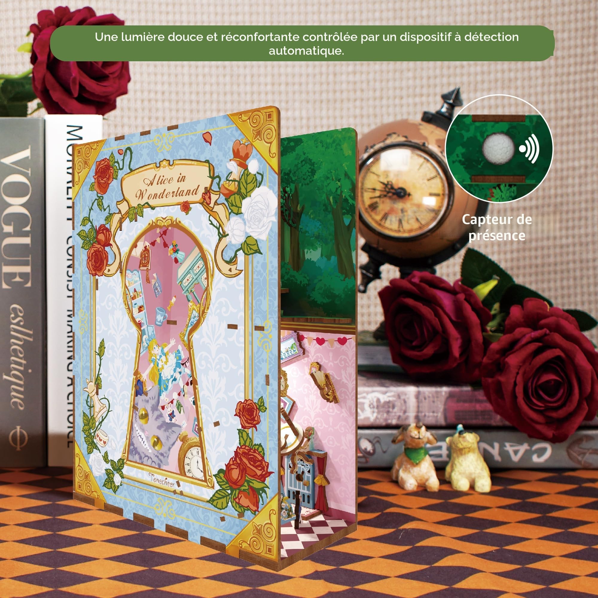 Tonecheer DIY Book Nook Kit 3D Puzzle en Bois Adultes Bricolage Livre Nook Miniatures à Construire (Alice au Pays des Merveilles)
