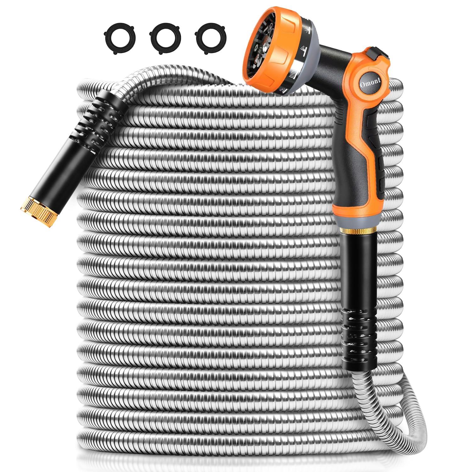 Omont Metal Garden Hose 100FT, Stainless Steel Water Hose with Nozzle, Garden Hose Flexible, Lightweight, Puncture Proof, Never Kink & Tangle, Heavy Duty Garden Hose for Yard and Outdoor