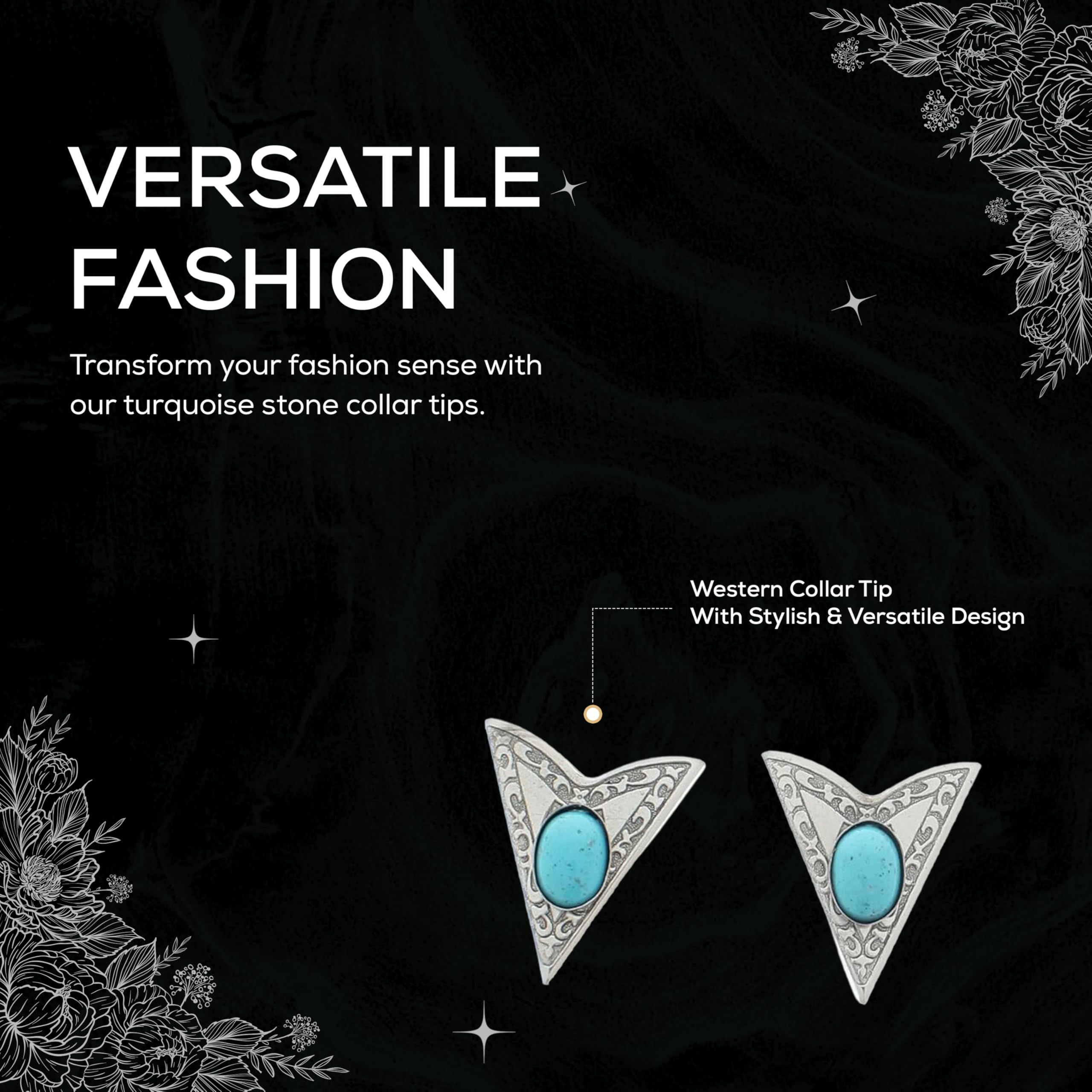 HHH Des Turquoise Stone Collar Tips-Silver Finish-Western Collar Tip - Dress Shirt Collar Stays-Collar Stays for Men & Women