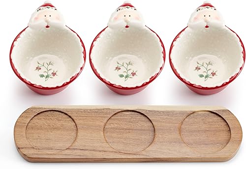 Miniatura 5 de Pfaltzgraff Winterberry - Cuencos de inmersión de Papá Noel con base de madera, juego de 3, multicolor