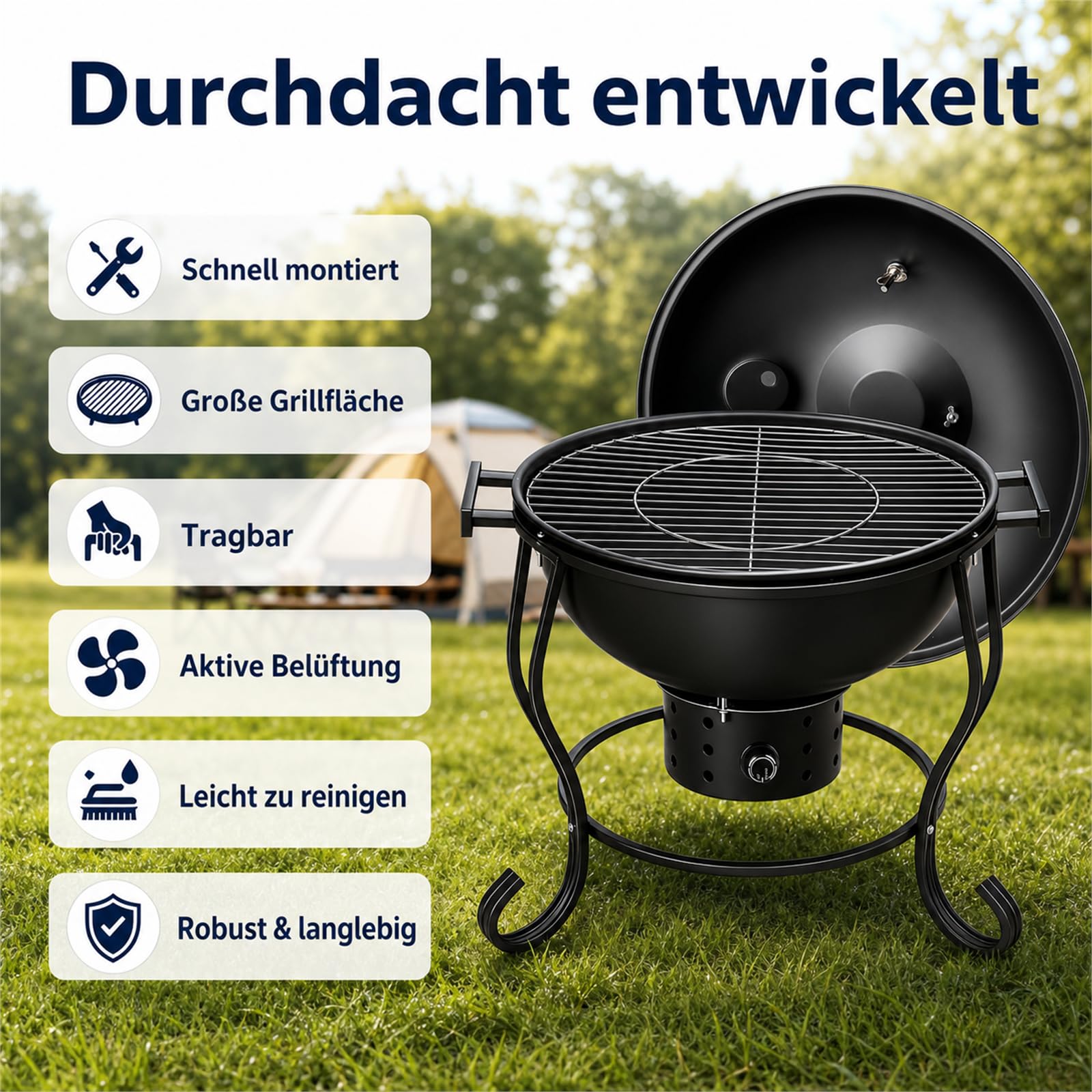 Tragbarer Holzkohlegrill mit Ventilator, Thermometer und regulierbarer Luftzufuhr, kompakter Kettle Grill für Camping, Picknick, Tailgating und Outdoor BBQ