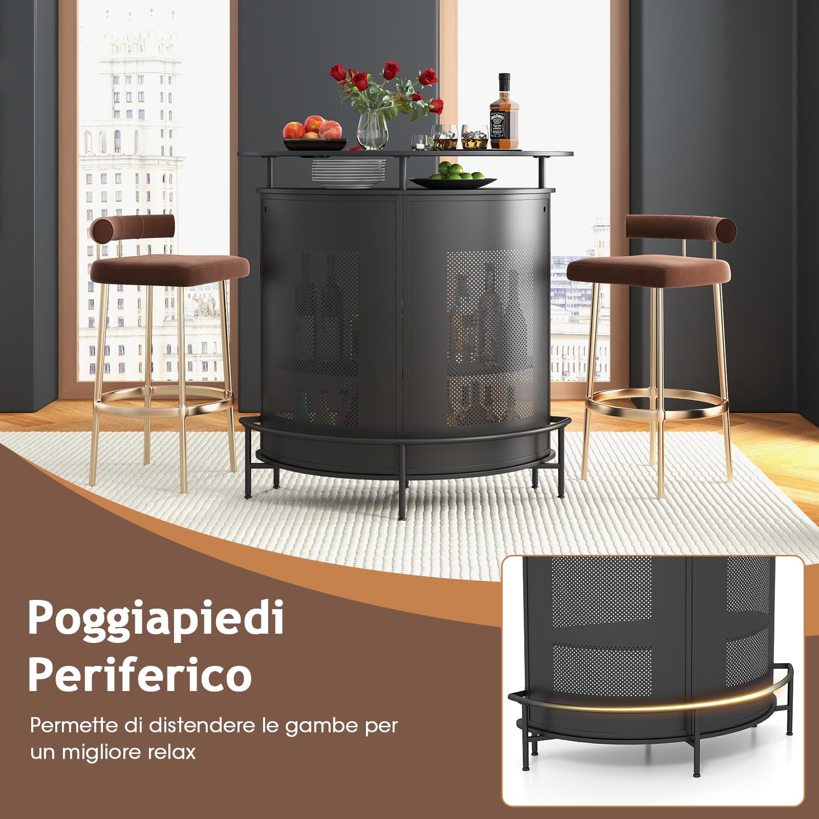RELAX4LIFE Tavolo Bar Semicircolare con 4 Ripiani e 3 Supporti per Calici, Piano Curvo in Metallo Perforato con Poggiapiedi Integrato, per Cucina, Soggiorno o Angolo Bar (Nero, 110,5 x 48 x 112,5 cm)