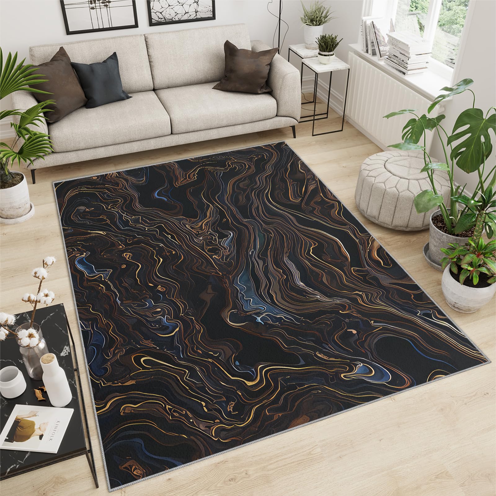 FACADUP Brown Small Rug 80x150cm Bath Rug Dark Brown Irregular Pattern Rug, Abstract Lines Art Area Carpet, Non-slip Entryway Doormat Contemporary Throw Floor Mat for Room Coffee Chair Rug