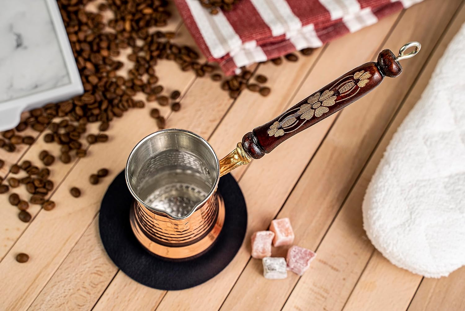 Copper Wooden Handle Turkish Coffee Pot | Single Person Long Handle Coffee Maker 250 ml