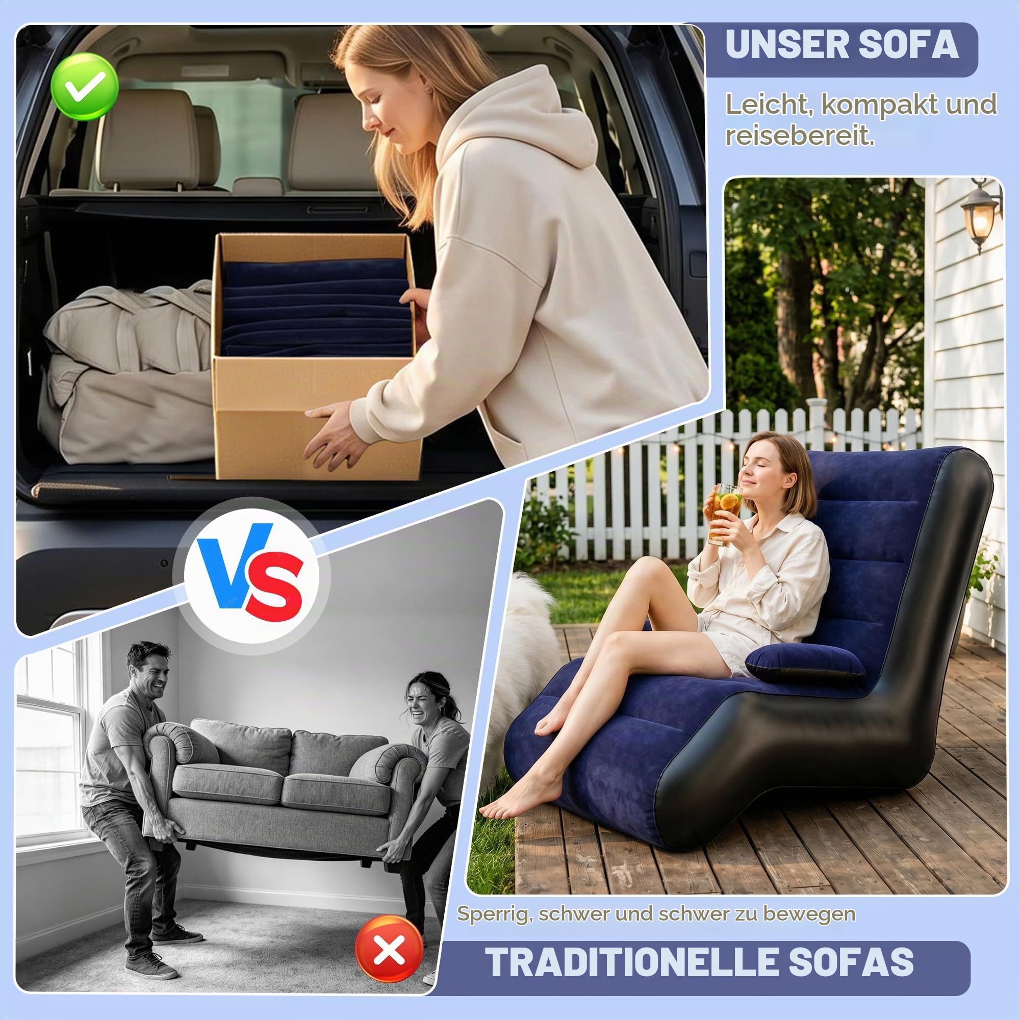 KingSom Aufblasbares Sofa, Aufblasbare Couch Größe mit Armlehne, Camping Sofa Aufblasbares Luftsofa, Wasserdichter Beflockte Oberfläche Aufblasbarer Sessel Outdoor, Tragbare Couch Aufblasbar Indoor