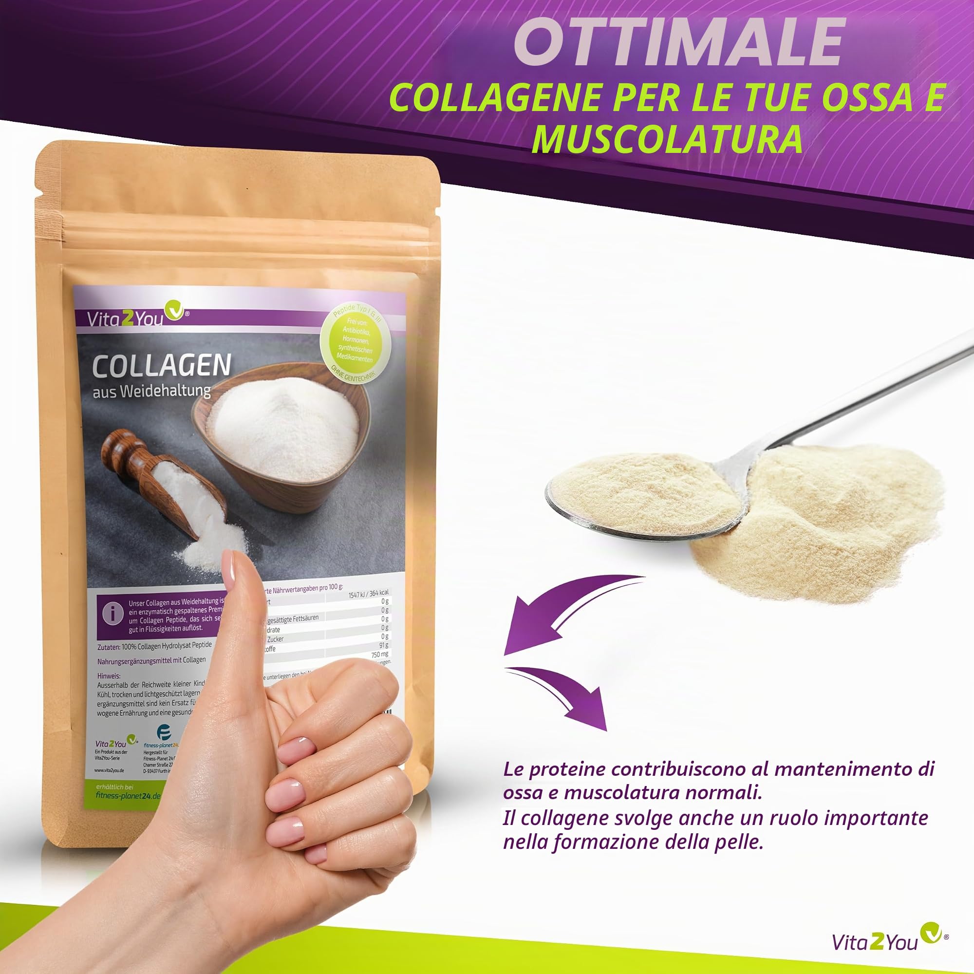 Vita2You CollaSel Pro® - Polvere di collagene bioattivo, 100% CollaSel Pro®, da allevamento e alimentazione con erba, peptidi idrolizzati tipo 1 e 3, proteine, 1000 g, qualità premium