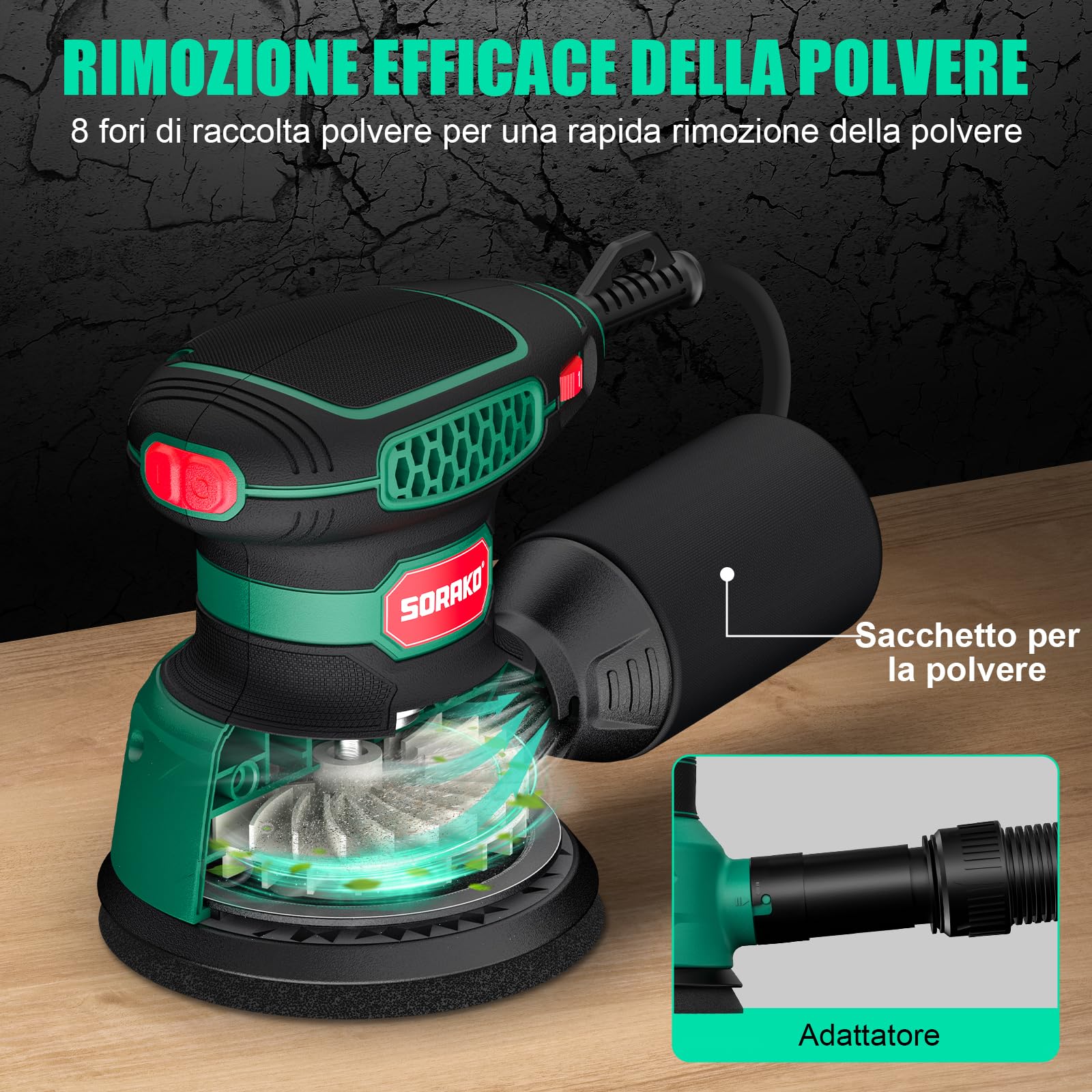 SORAKO Levigatrice Orbitale 350W, 6 Velocità Regolabili, Carta Vetrata 16 pezzi, Levigatrice Elettrica con Raccolta Polvere e Funzione di Frenata Rapida, Adatta per Levigare, Lucidare Legno, fai da te