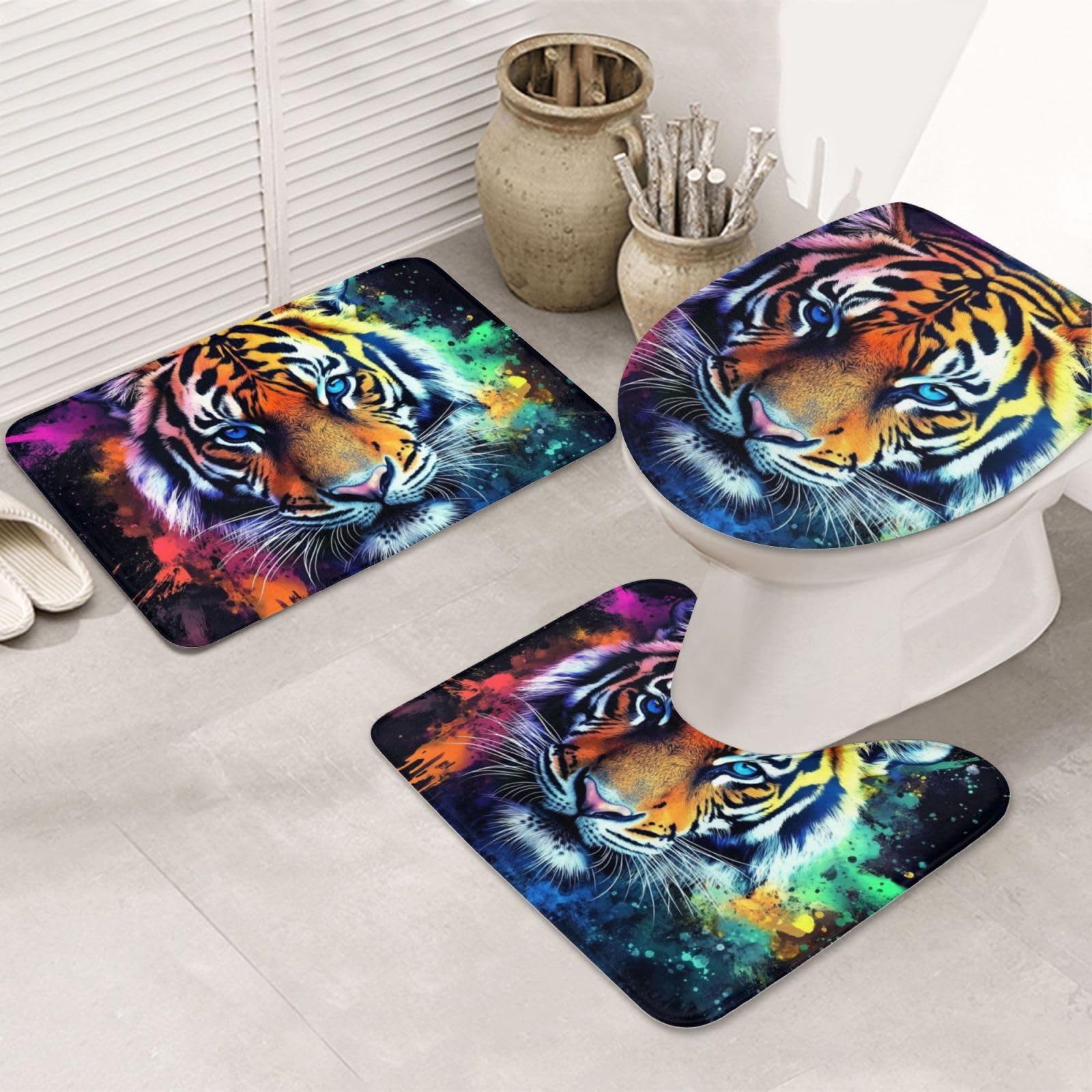 Set di 3 tappeti da bagno a forma di tigre, morbidi e assorbenti, in memory foam e a forma di U, decorazione per la casa, ad asciugatura rapida
