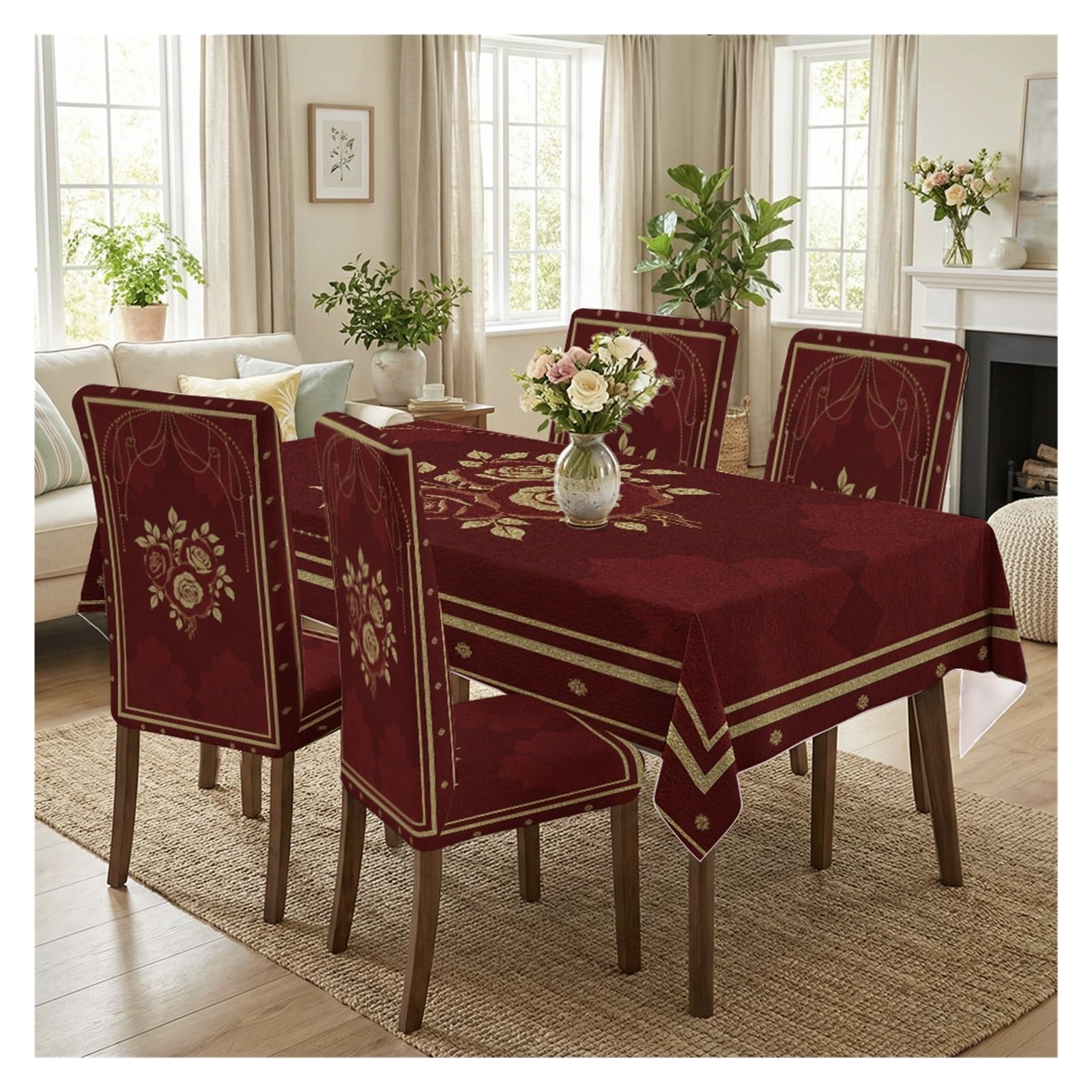 BOSUYBN Vintage Red Rose Dining Chair Covers & Tablecloth Set, 5/7 Piece Gold Ornate Slipcovers For Luxurious And Festive Decor Table Setting(5pcs Set: Tablecloth+Chair Covers)