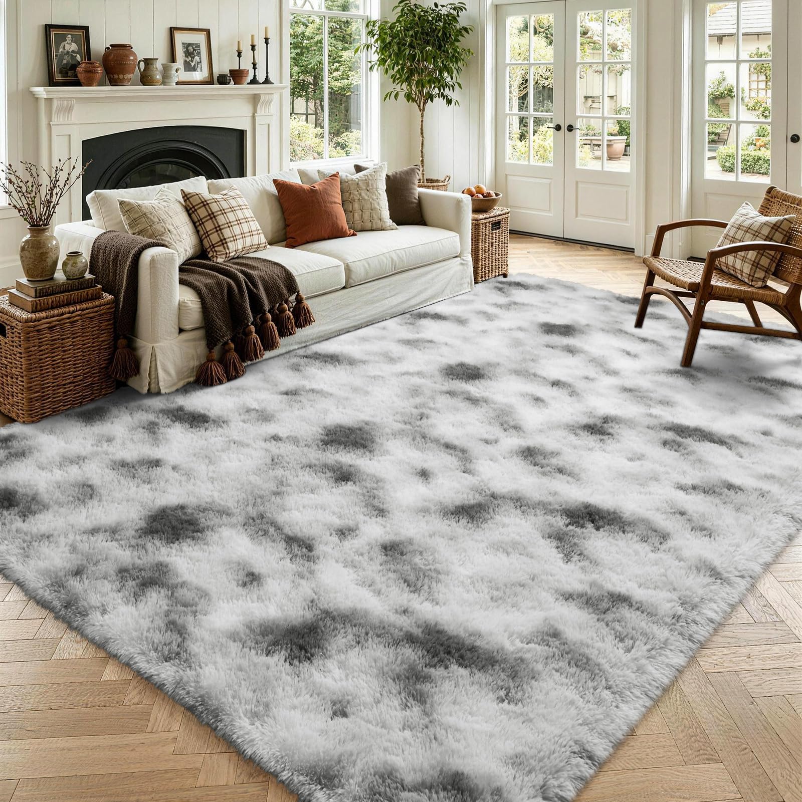 6x9 Large Tie-Dyed Grey and White Fluffy Area Rug Non-Slip for Living Room | Plush丨Stays Put丨Soft丨No Shedding丨Lays Flat丨Dorm丨Dining Room丨Nursery丨