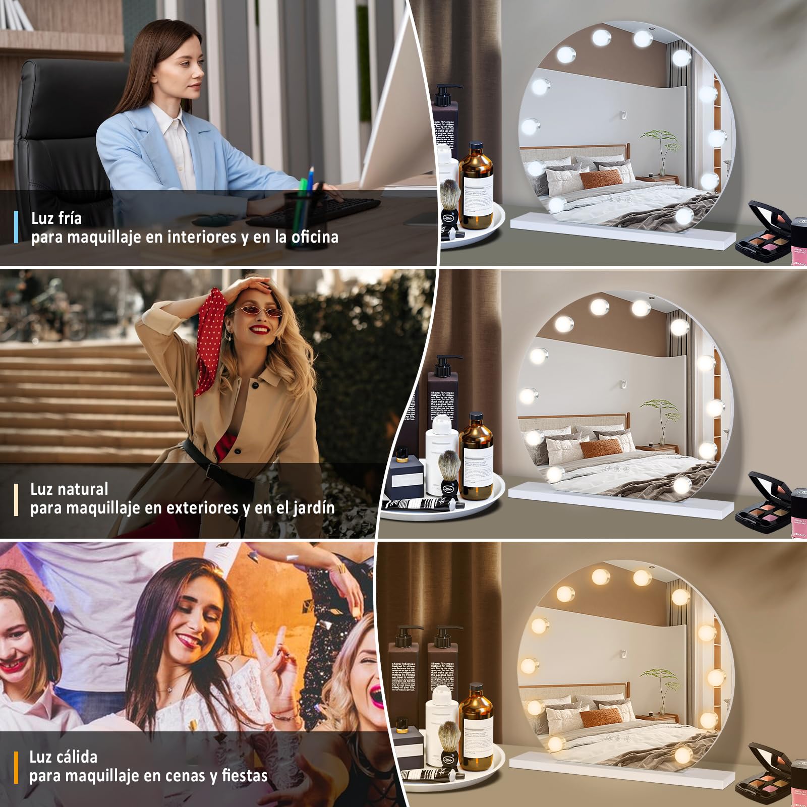 YU YUSING Hollywood Espejo Maquillaje con Luz 12 LED, 50 x 47.5 cm, 3 Modos Iluminación Regulables, Espejo Tocador, Espejos de Mesa, 10x, Vanity Mirror Tocador Dormitorio, Controles Táctiles, Blanco