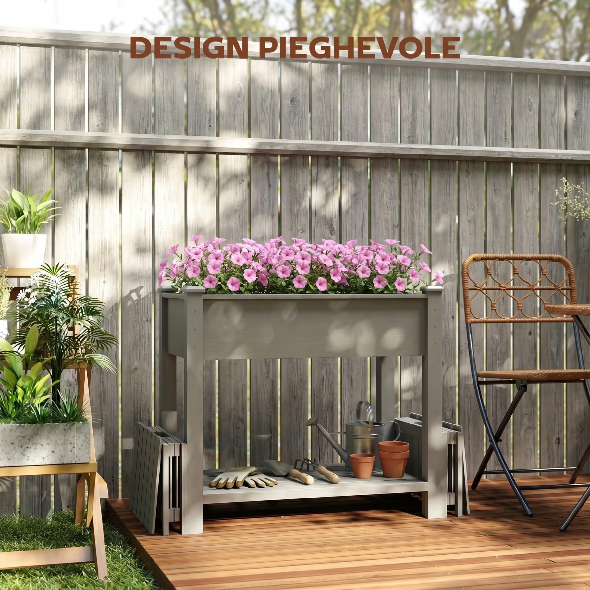 Outsunny Letto per Orto Rialzato in Abete con Ripiano e 2 Vasi Laterali Pieghevoli, Fioriera Rialzata da Esterno con Fori di Drenaggio per Verdure Fiori, 149x46x76cm, Grigio