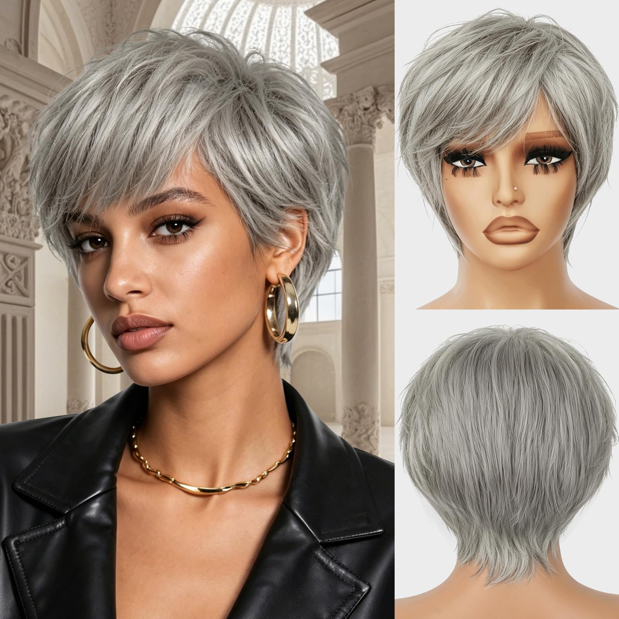 Photo 1 of YAOARA Silver Gray 4 Inch Pixie Human Hair Wig for Women