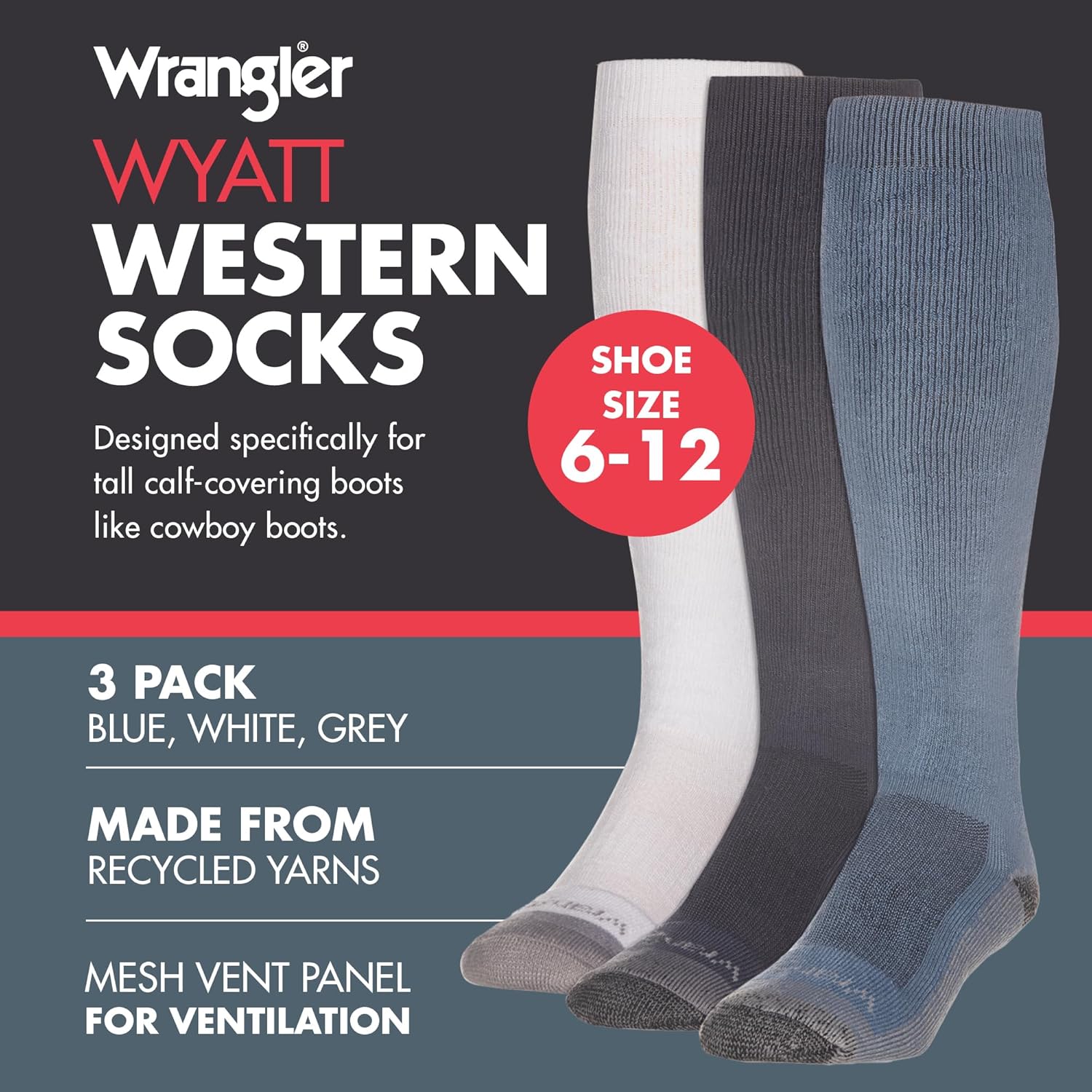 Wrangler Ryder Western Cowboy Boot Socks for Men - Over Calf, Cushioned Sole, Moisture-Wicking, Durable Design - Image 2