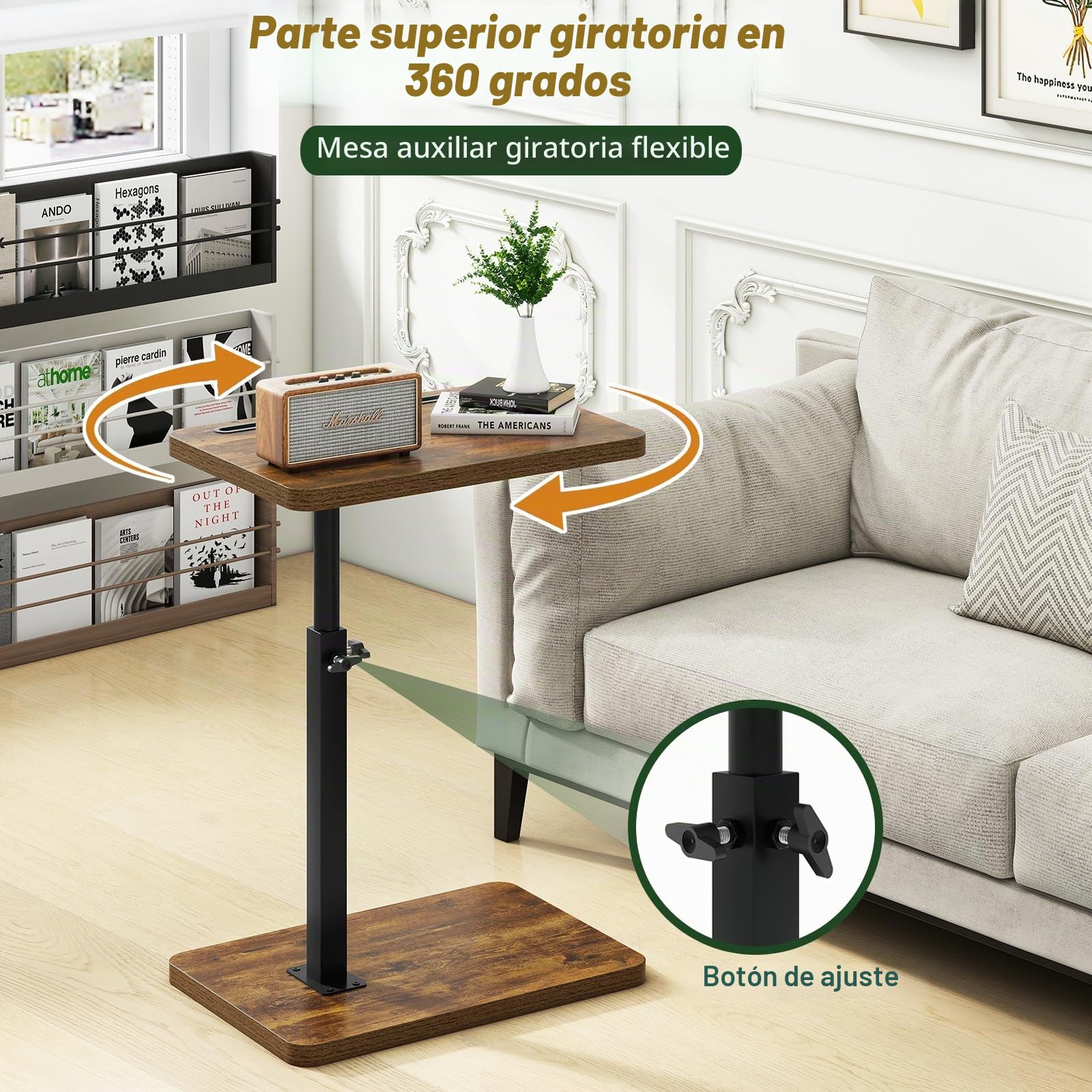 IBUYKE Mesa Auxiliar en Forma de C, Mesa Auxiliar giratoria de 360° en Altura Ajustable para Espacios pequeños, con Ranura para teléfono y Tableta, Mesa de café para sofá/Cama, Marrón TVT003H