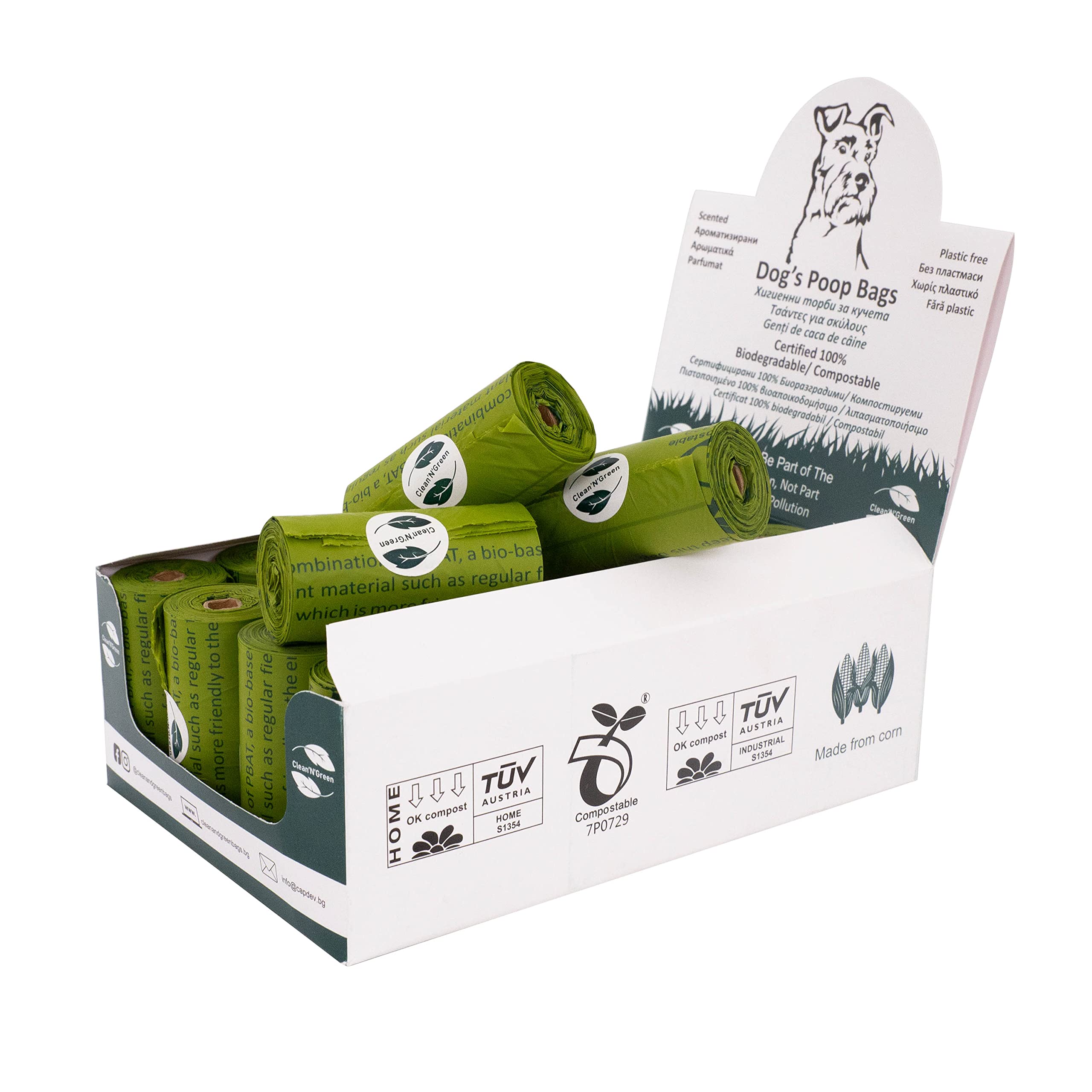 Bolsas compostables para caca para perros, 100% biodegradables, libres de micro plástico, bolsas de basura ecológicas certificadas EN13432, bolsas compostables para caca para perros 360