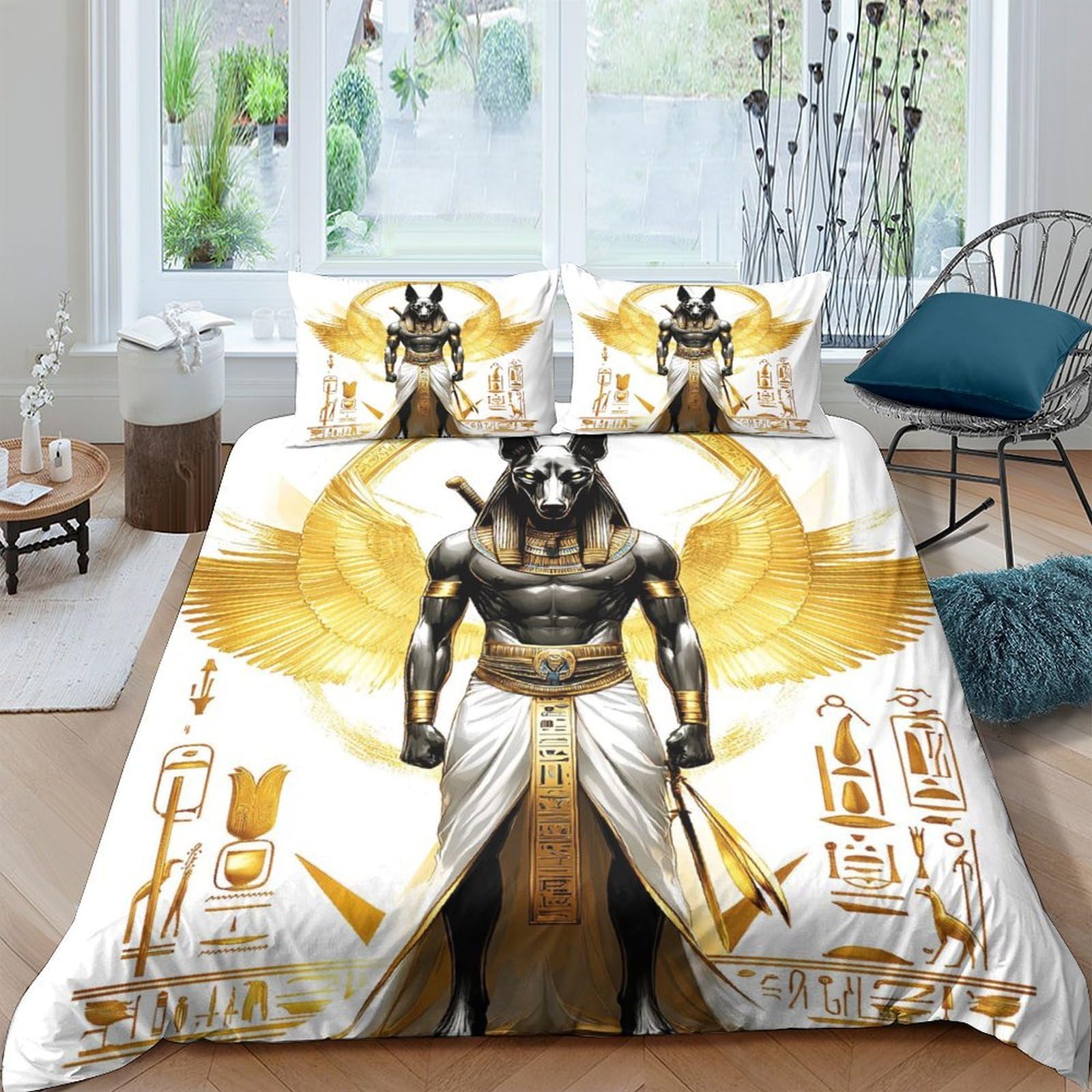 Ctjqhvkz Style-3 3D Printed Egyptian Anubis Fitted Sheet Microfiber Gold Pharaoh Bed Cover Anti-Slip Machine Washable For Bedroom Guestroom Decor Single（135X200cm）