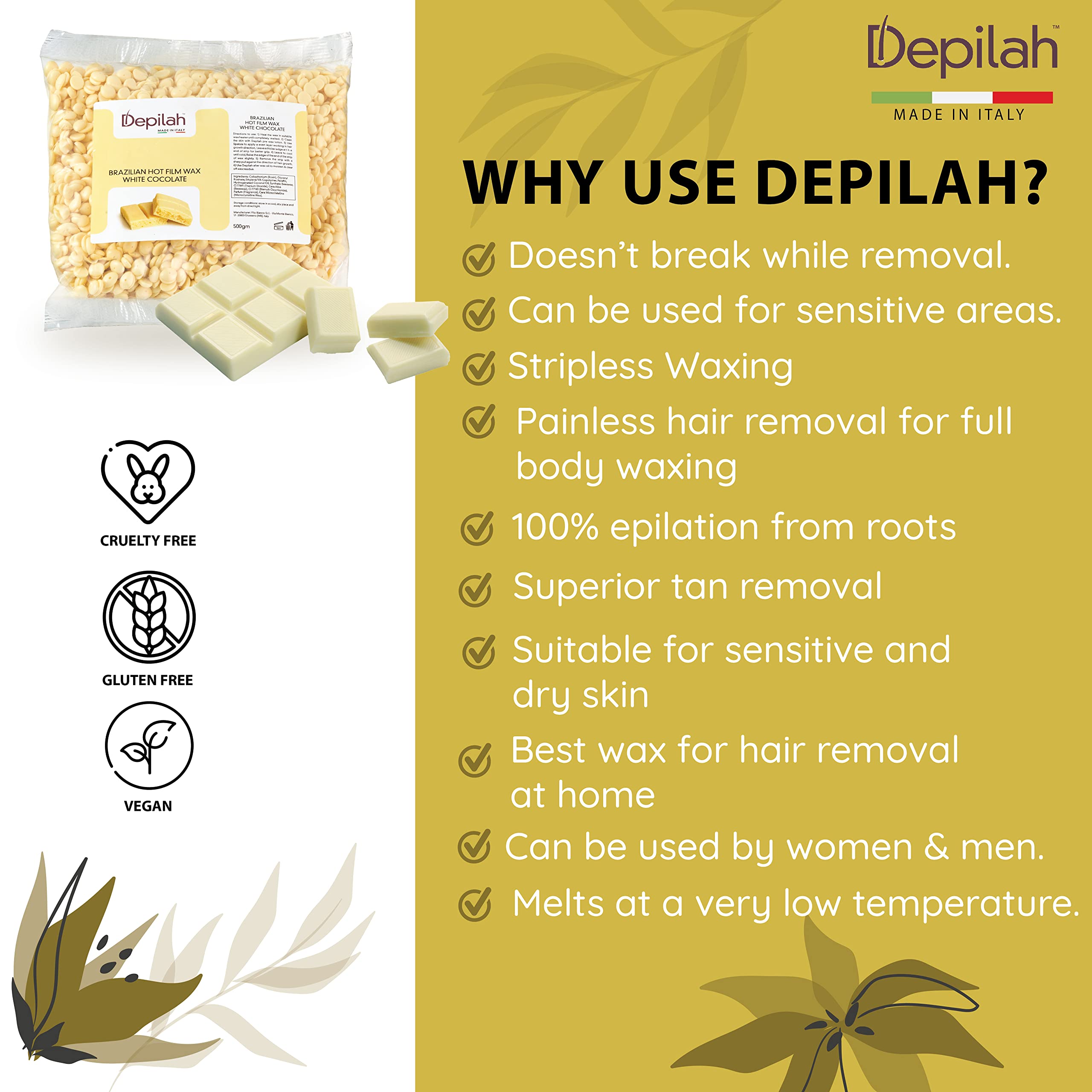 Depilah Brazilian Face Wax for Women - 500gm White Chocolate Film Wax for Face & Body - Stripless Wax Beans for Hair Removal - Easy Brazilian Wax 3