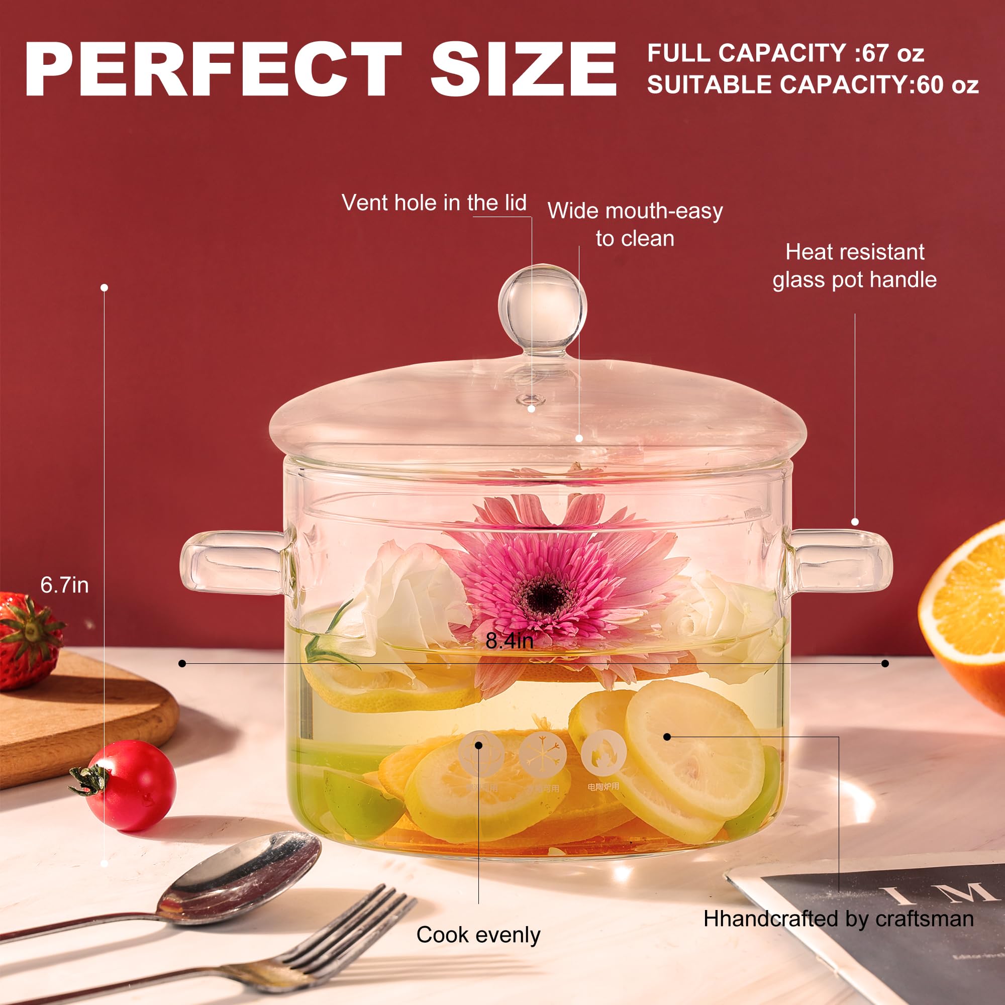 64oz/1900ml Clear Glass Simmer Pot for Cooking on Stove with Lid, Glass Saucepan Cookware Set for Pasta Noodle, Soup, Milk, Baby Food?Potpourri